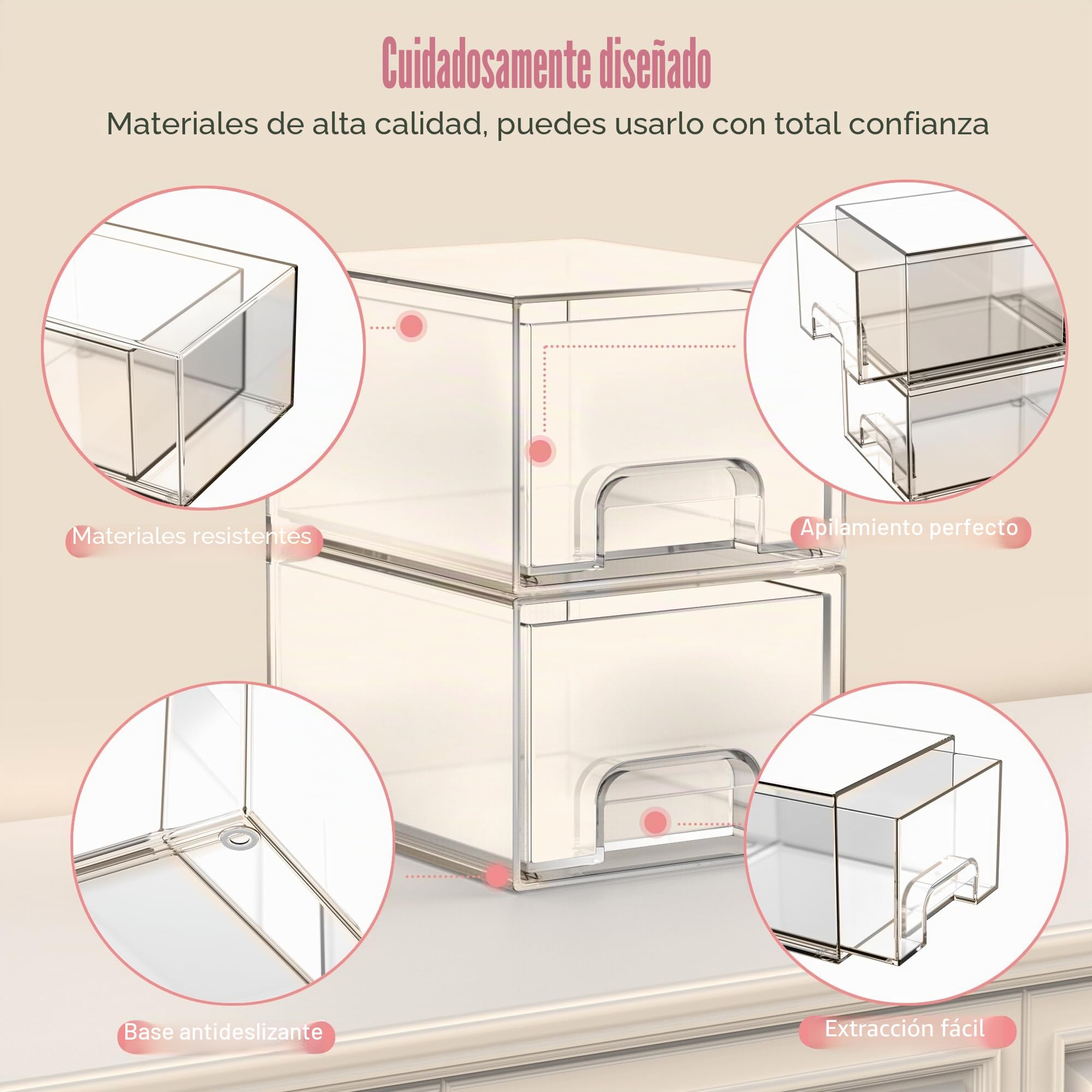 4 Piezas Organizador Apilables Transparentes, Acrílico Organizador Cajones Apilables Cajones Bañocon 32 Antideslizante Antideslizantes para Maquillaje, Baño, Tocador, Refrigerador, Oficina, Cocina
