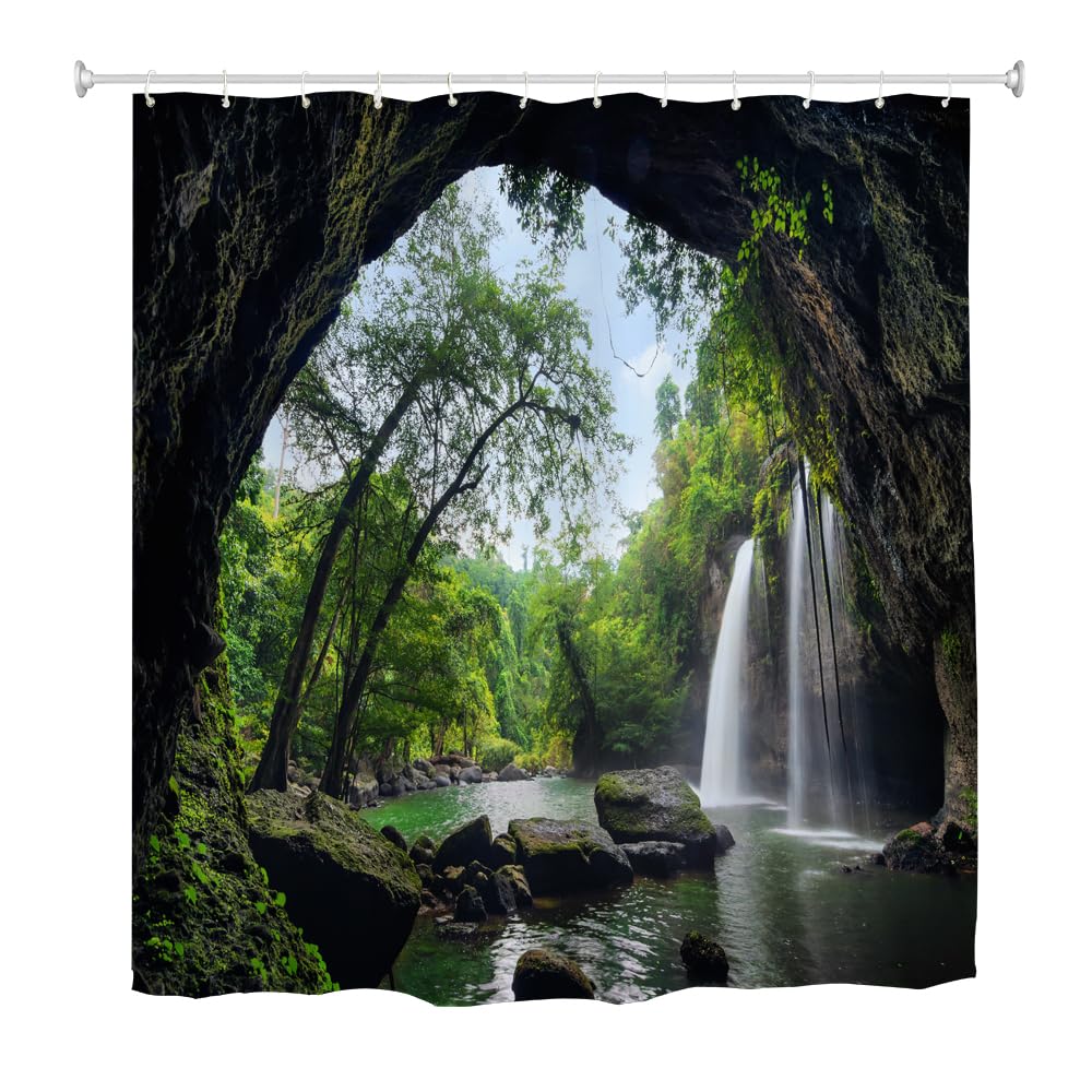 goodbath Garden Shower Curtain Outdoor Waterfalls, 3D Nature Scenery Landscape Forest Caves Bath Curtains for Bathroom Fence Wall, 180 x 180 cm