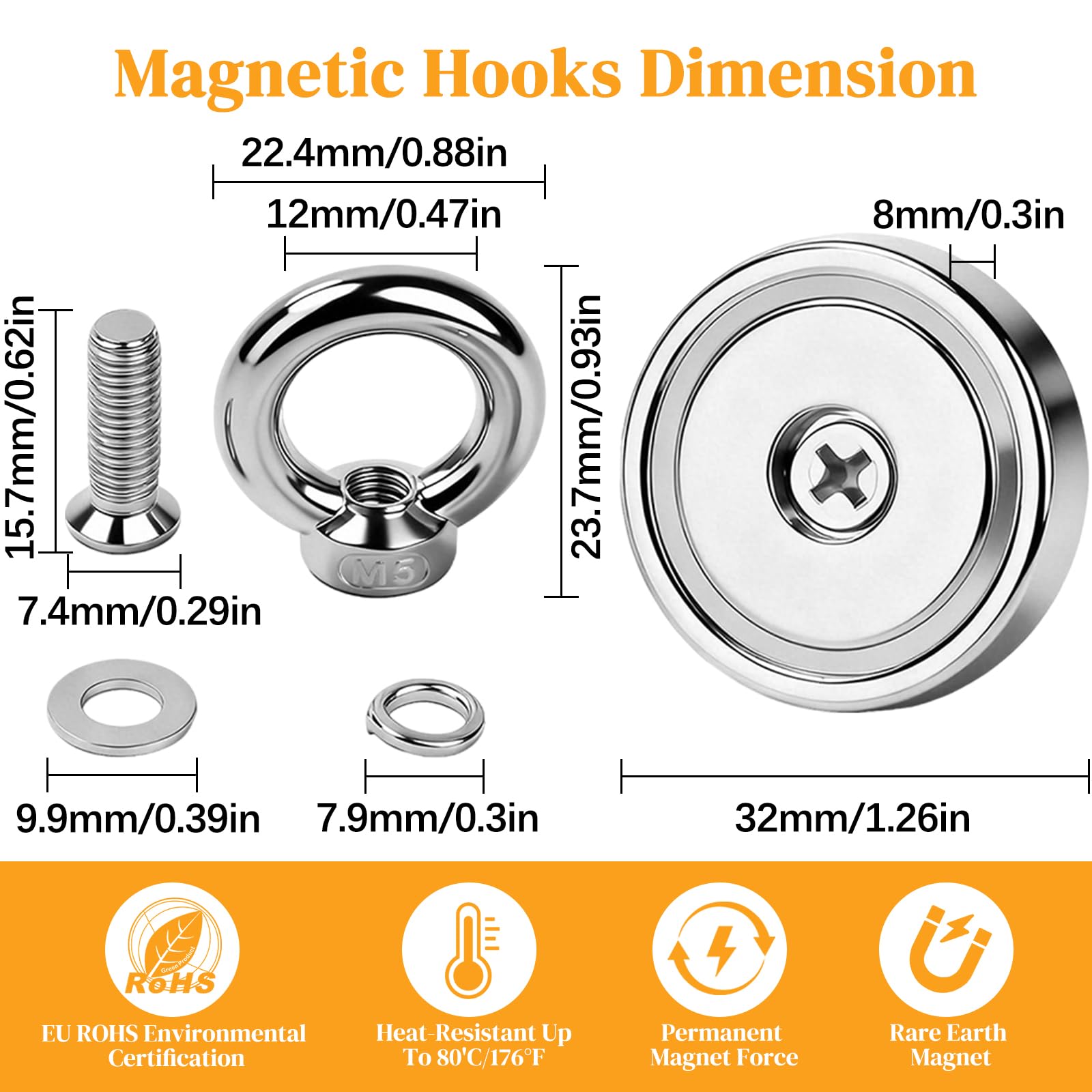 MIN CI 32mm Magnet Sehr Stark, 45KG（99lbs）Neodym Magnete Extra Stark Groß Magnet mit Öse Magneten Runde Starkmagnet Magnets Hake Magnete mit Loch Ösenmagnet zum Schließfächern Kreuzfahrt 5Stück