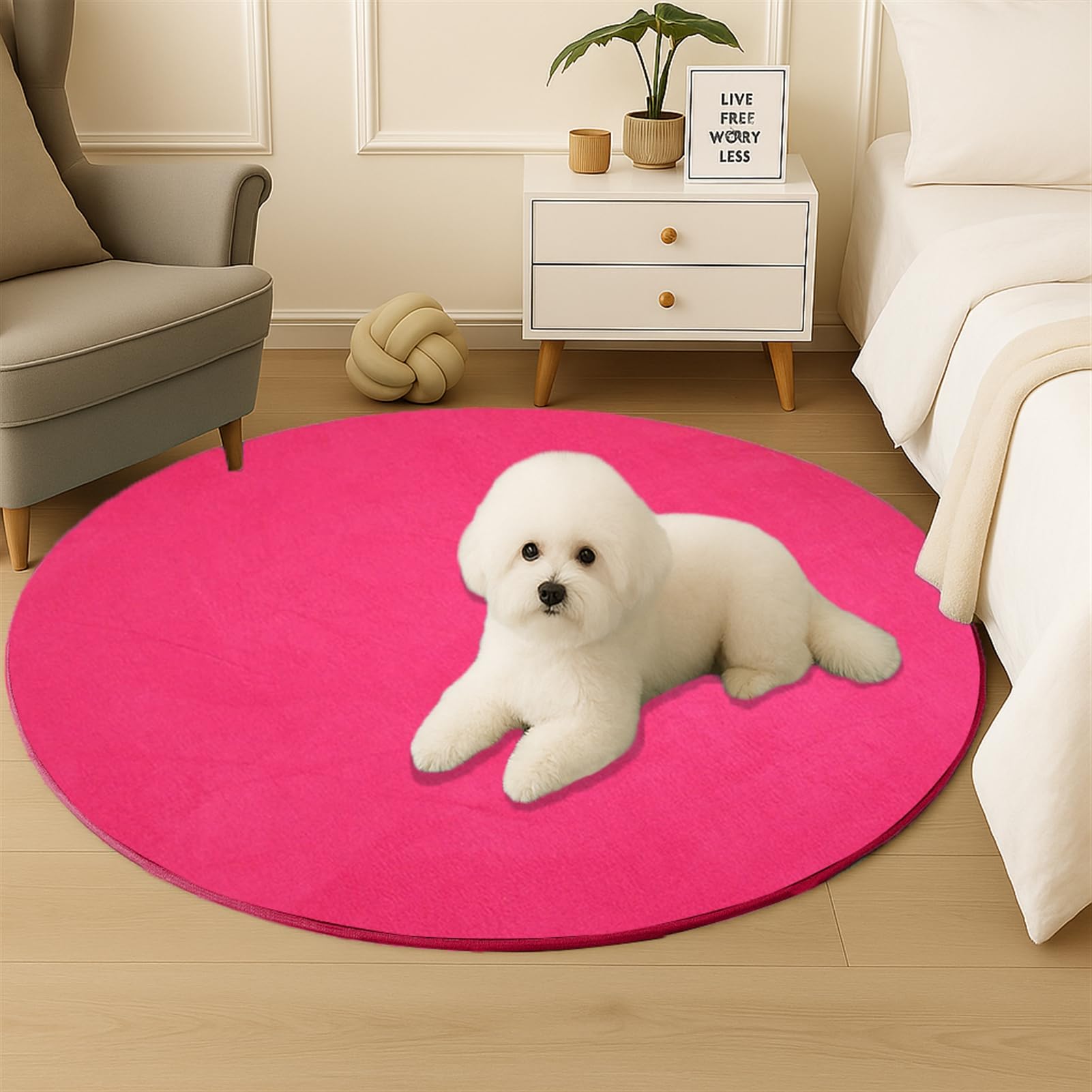 Hot Pink Round Area Rugs for Bedroom Low Pile Indoor Bedside Rugs Memory Foam Non-Slip Thin Shaggy Carpet