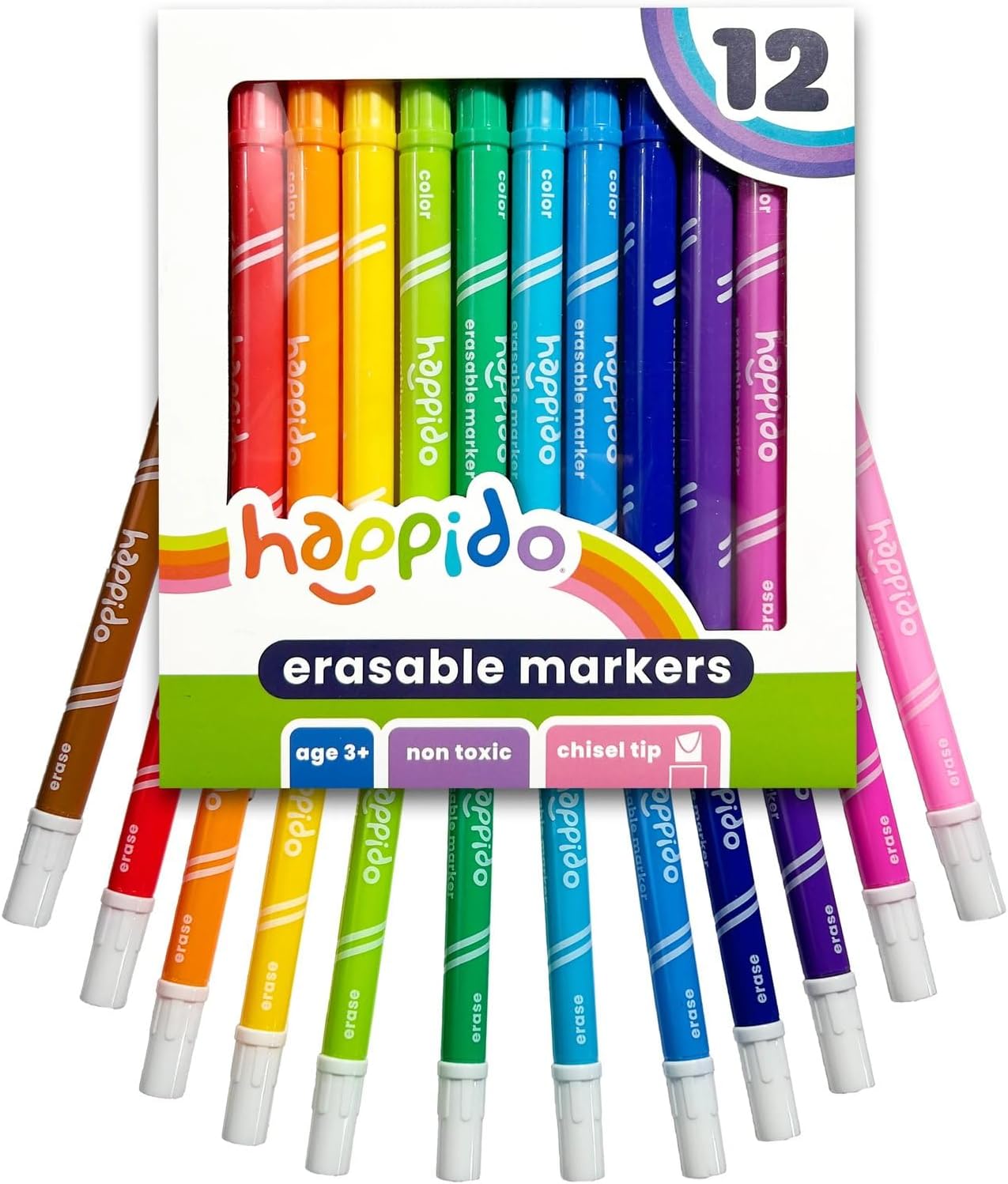 International Arrivals Double Sided Erasable Marker Sets for Kids Happido, Set of 12 Chisel Tip Non Toxic Markers, Great School Supplies, Art and Stationery Set