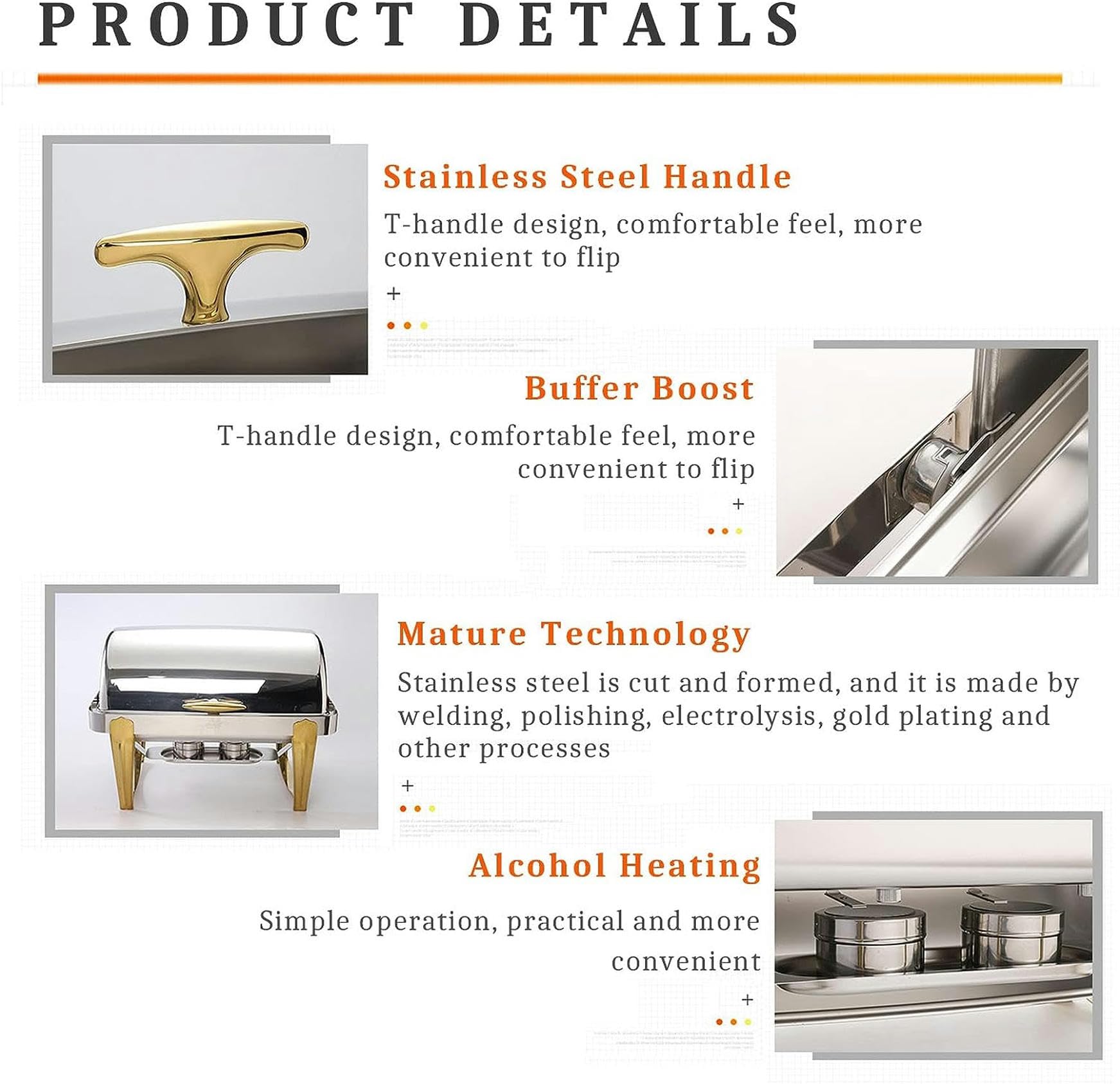 Chafing Dish in Acciaio Inossidabile, Vassoio riscaldante per Buffet Placcato Oro da 9 Litri con Coperchio Girevole a 180° e Porta-combustibile, per cene, Feste, Matrimoni, Eventi