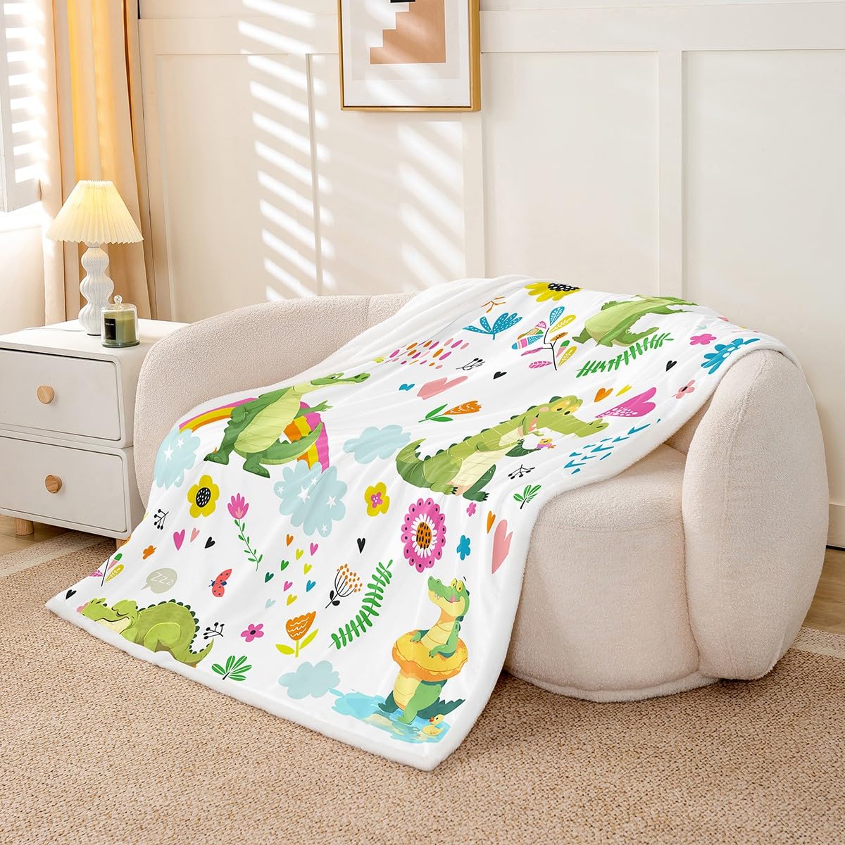 Homewish Kawaii krokodyl narzuta koc podwójny 152 cm x 203 cm uroczy tęczowy krokodyle polarowy koc na łóżko dla dzieci dziewcząt chłopców kreskówka kwiat zwierzę szerpa koc, kwiatowy miłość serca