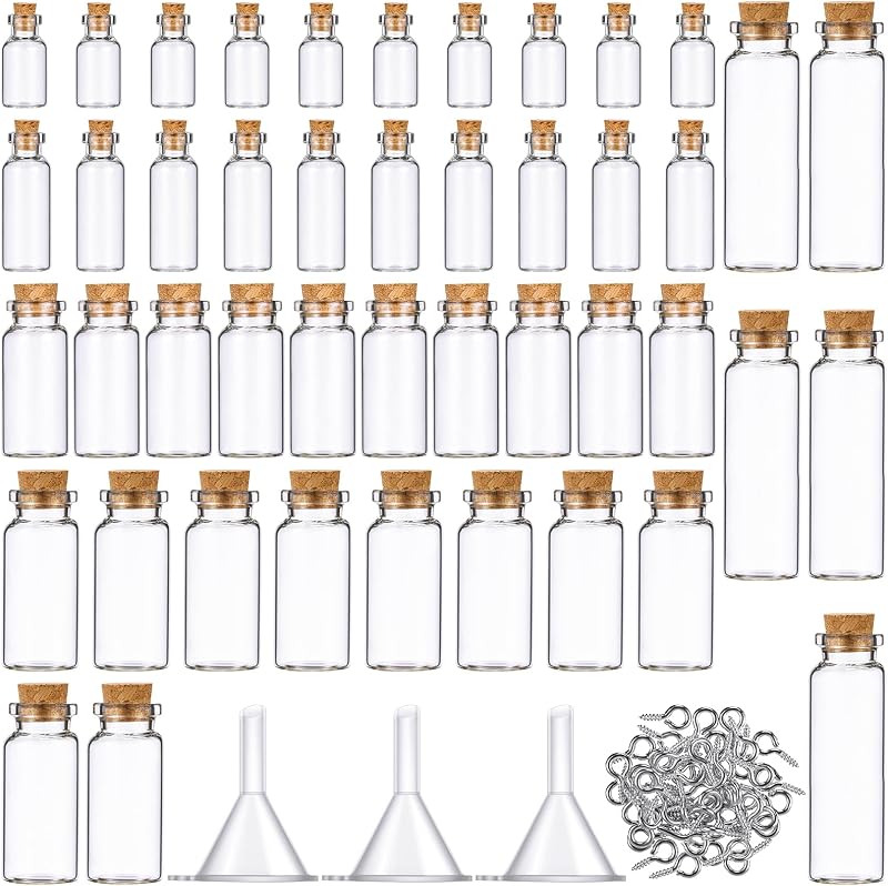 Frascos pequenos de vidro Sherli com tampas de cortiça e acessórios, 1 mL, 2 mL, 5 mL, 10 mL e 15 mL, pacote com 45