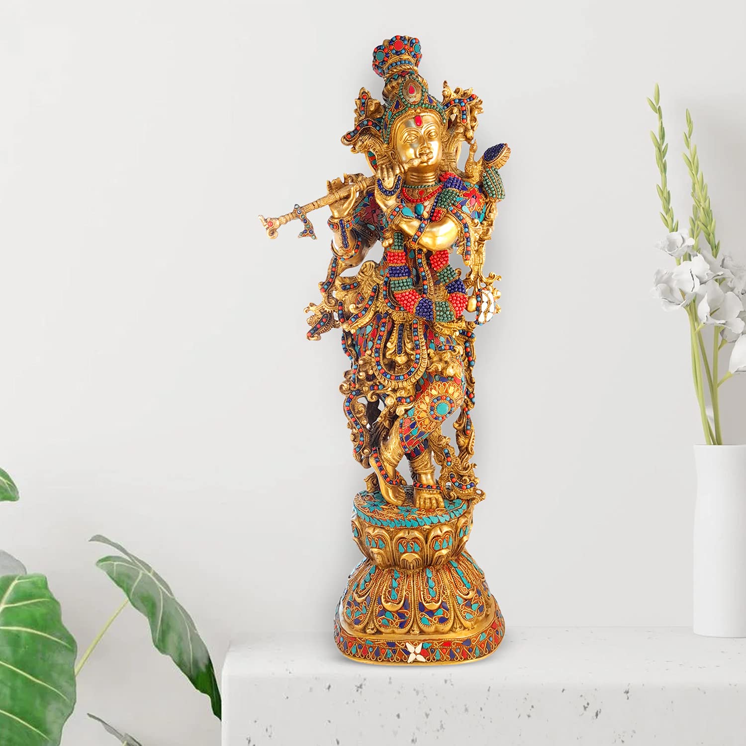 Artvarko Big Lord Murli Manohar Krishna Statue Multicolor Gemstone & Brass Handwork Murti Gift & Home Temple Décor - Height 29 Inches