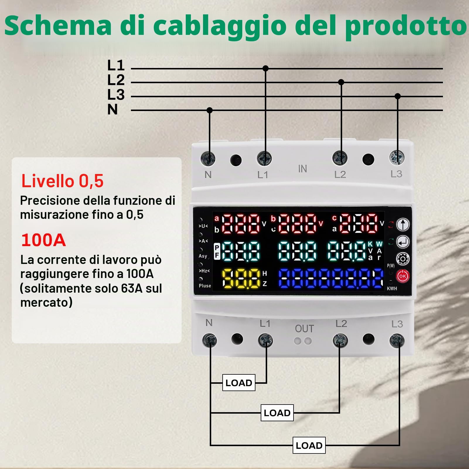 Contatore Energia Elettrica, 3 fasi Misuratore di Potenza Trifase con Display LCD Contatore Elettrico per Guida Protezione da Sovratensione/sottotensione Misuratore Consumo Elettrico AC 230V 100A