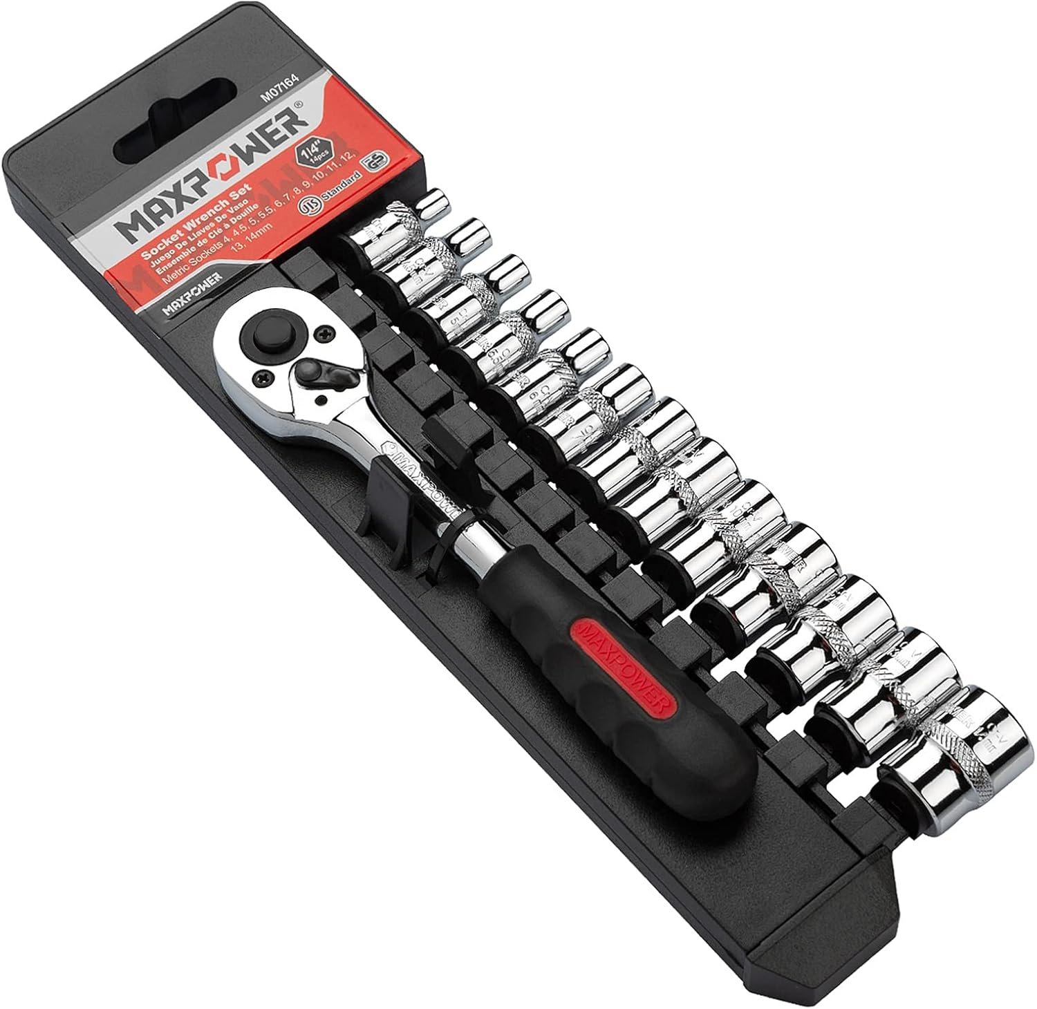 MAXPOWER 14PCS 1/4" Drive Metric Socket Set, Industrial Grade 6-Point Standard Sockets, Quick-Release Softgrip Reversible Ratchet Handle, Forged and Heat-Treated Cr-V Alloy Steel, Size 4mm-14mm