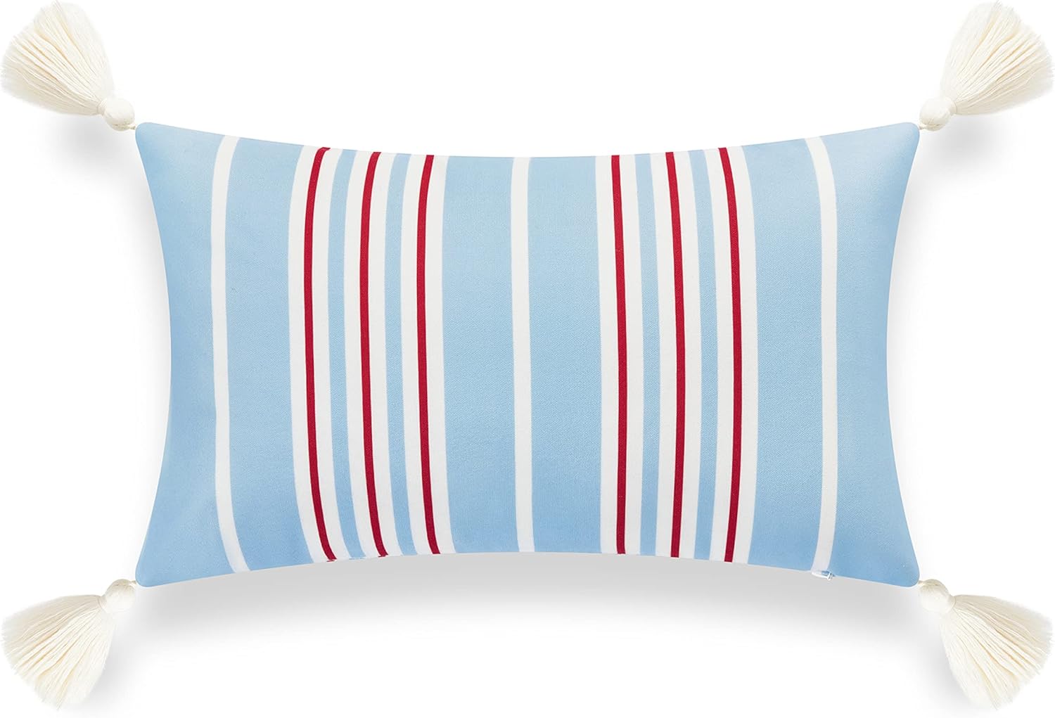 Hofdeco Premium Coastal Hampton Style Patio Indoor Outdoor Throw Pillow Cover Only, 18"x18" Water Resistant for Backyard, Couch, Baby Blue Red Stripe Tassel