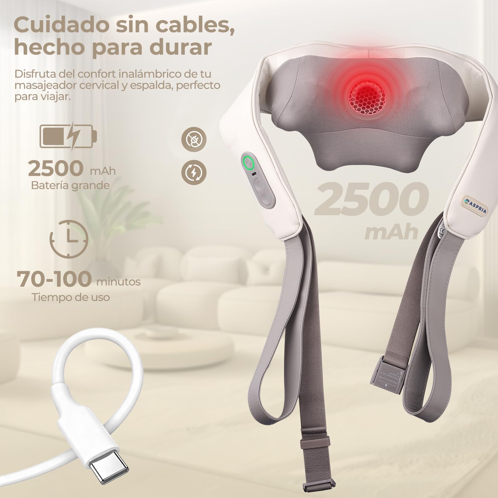 Masajeador Cervical y de Espalda con Calor – Masajeador Eléctrico de Cuello y Cervicales Aspria, Cojín de Masaje Relajante para Hombres y Mujeres, Regalo Bienestar en Casa o Oficina