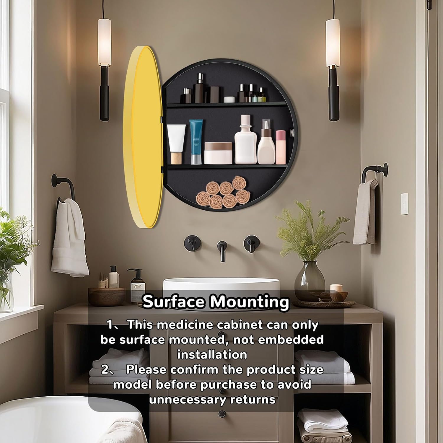 24 in Round Gold Medicine Cabinet with Mirror,Modern Bathroom Medicine Cabinet for Wall Metal Framed, Surface Mount Only Circular Storage Cabinet Shatterproof with Vanity Mirror