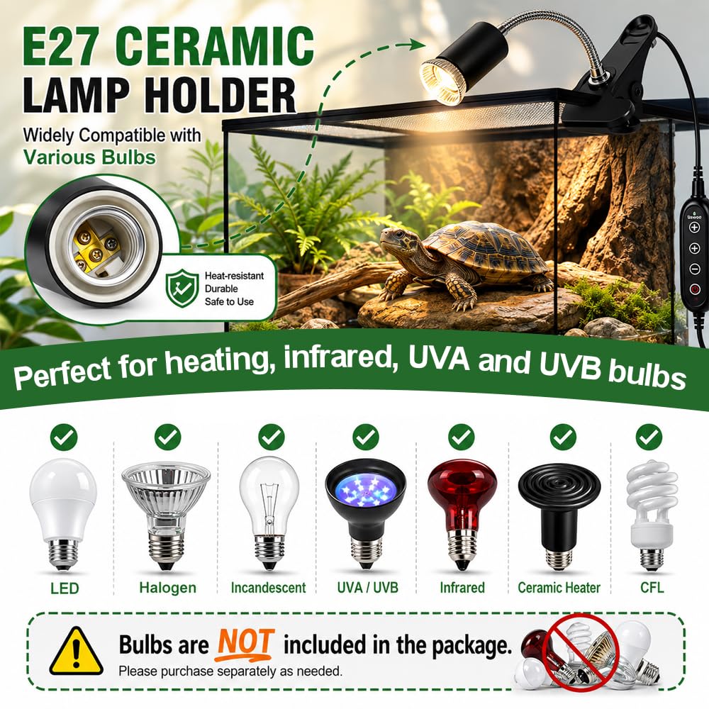 Lampa grzewcza żółwia, żółwia ziemnego, gady L-ampe terrarium z zaciskiem obrotowym 360°, odpowiednia 2 żarówki UVA UVB 50 W dla żółwi, jaszczurek, wężów, pająków i gadów