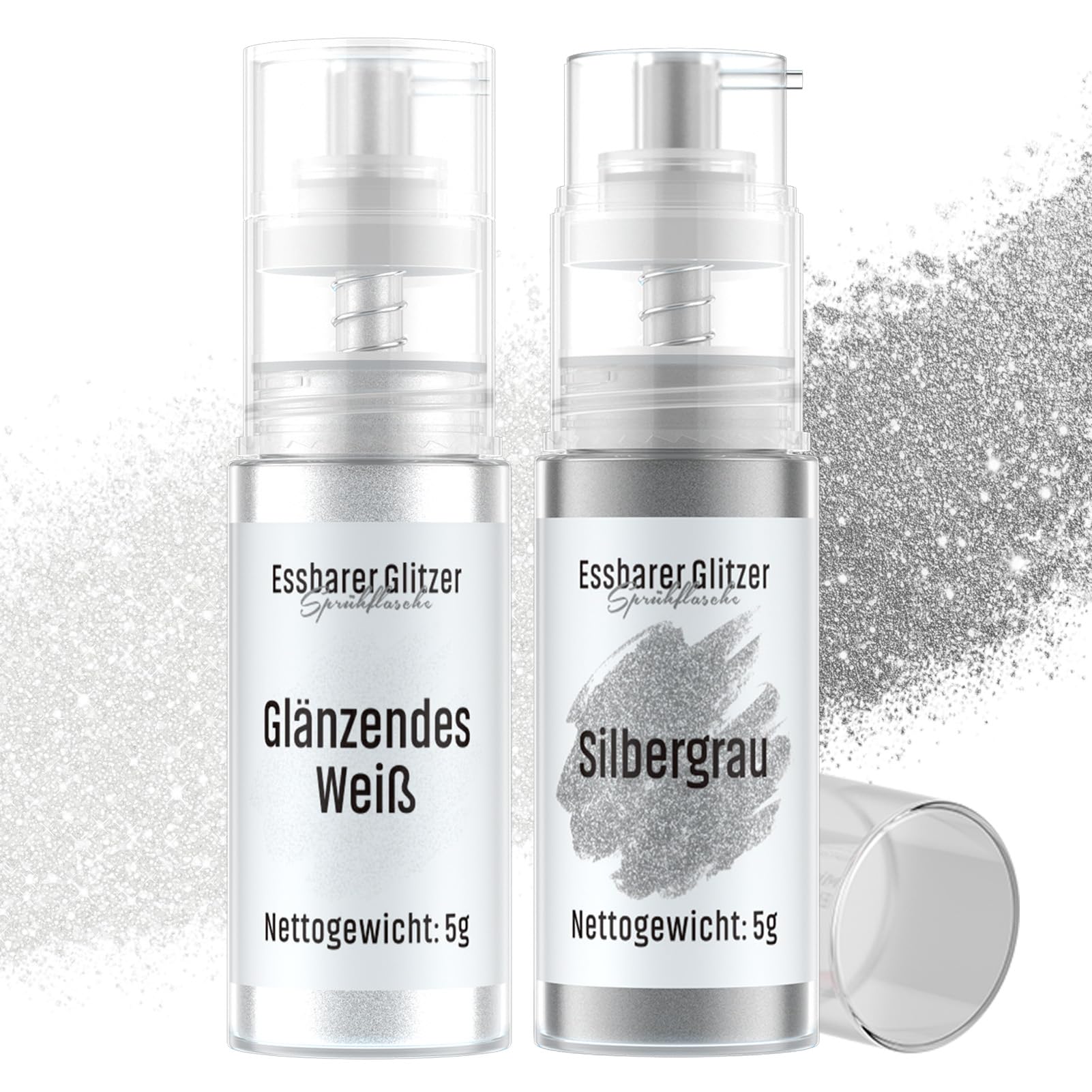 Essbarer Glitzer Spray Silbergrau & Weiß, Wwtop 2 Farben set Lebensmittel Glitzer für Getränke Puder Essbar für Backen, Erdbeeren, Cupcakes, Kuchen, Fondant, Cocktails, Schokolade (5g)