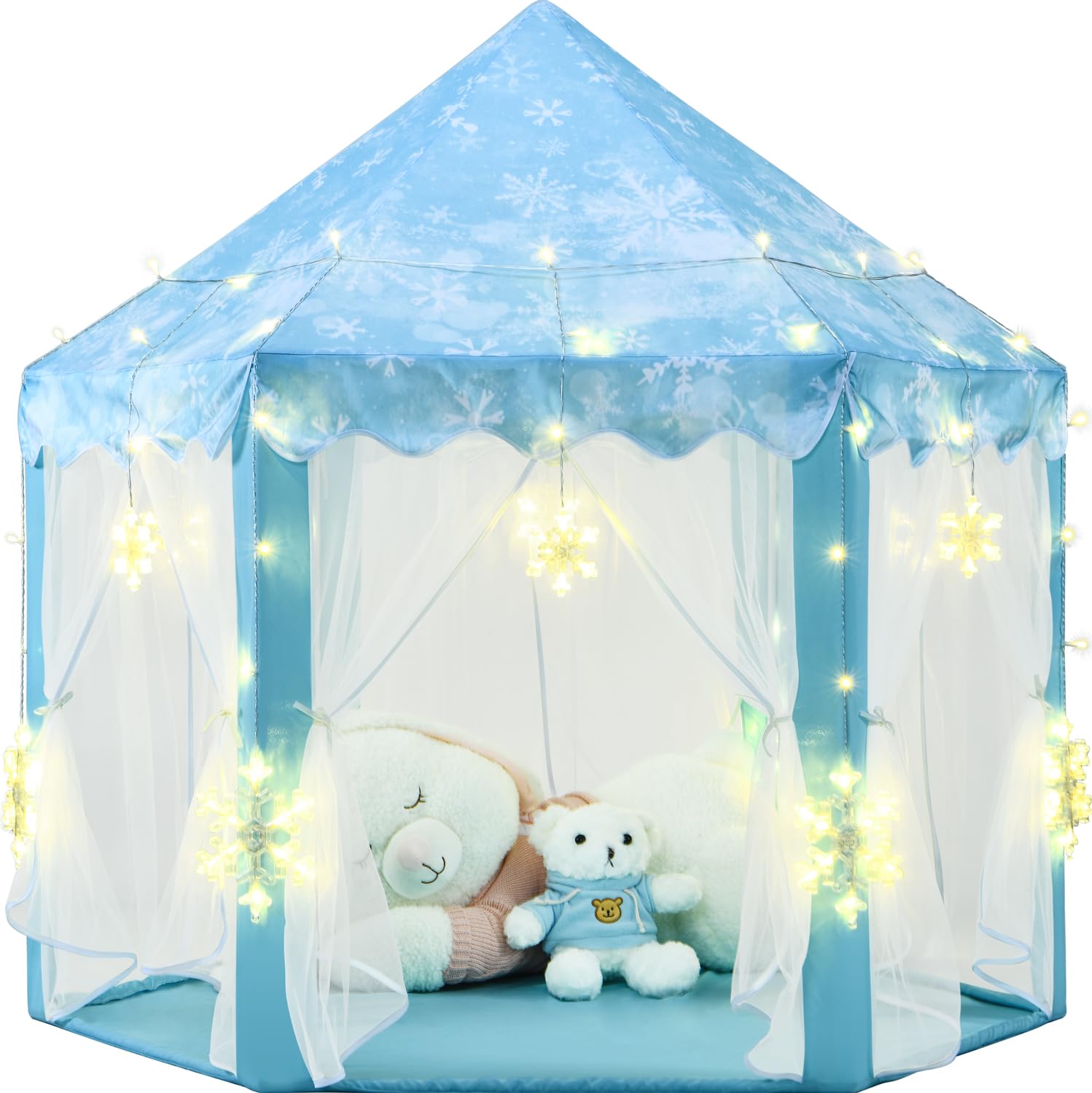 KIXINWA Frozen Princess Tent for Girls, Kids Play Tent with LED Large Snowflake Lights, Castle Playhouse Tent for Children Toddlers Indoor Outdoor