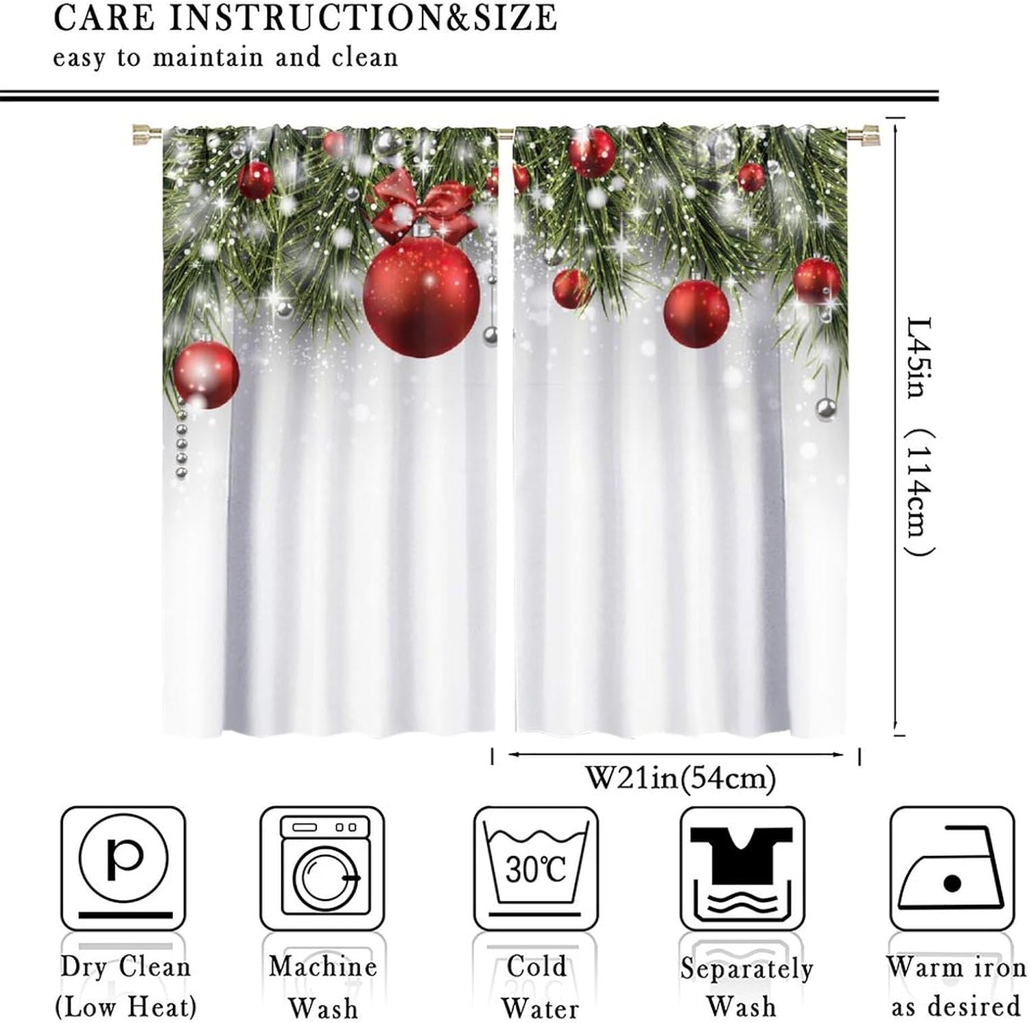 Christmas Blackout Curtains, Christmas Winter Holiday Theme Fir Branches and Vibrant Balls Snowflake Home Decor, Bedroom Living Room Curtains42X45 Inch