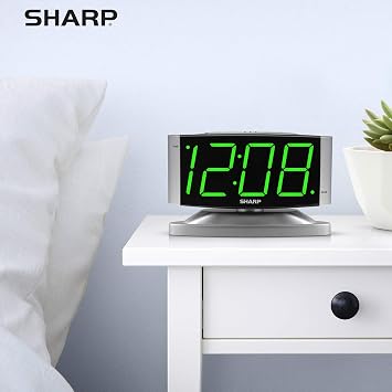 Sharp Home LED Digital Alarm Clock Swivel Base - Outlet Powered, Simple Operation, Alarm, Snooze, Brightness Dimmer, Big Green Digit Display, Silver Case