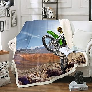Erosebridal Dirt Bike Plush Bed Blanket Twin Size, Motocross Rider Fleece Blanket for Kids Boys Teens, Motorbike Sport Throw Blanket Motorcycle Extreme Sport Sherpa Throw Teens Adult Bedroom Decor
