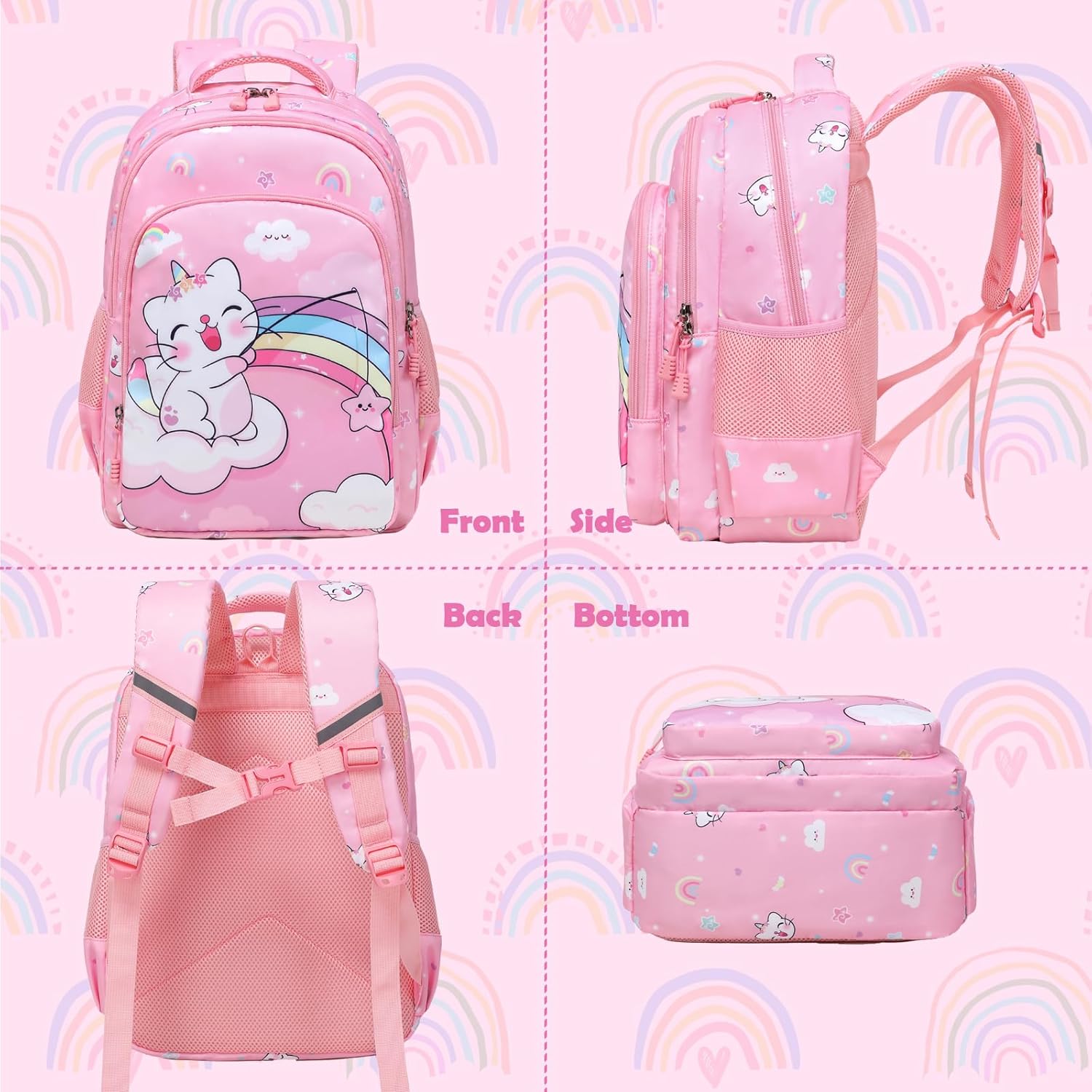 Kimwadalh Girls Backpack with Lunch Box Pencil Case for Elementary School, 3 in 1 Schoolbag with Chest Strap for School Girls