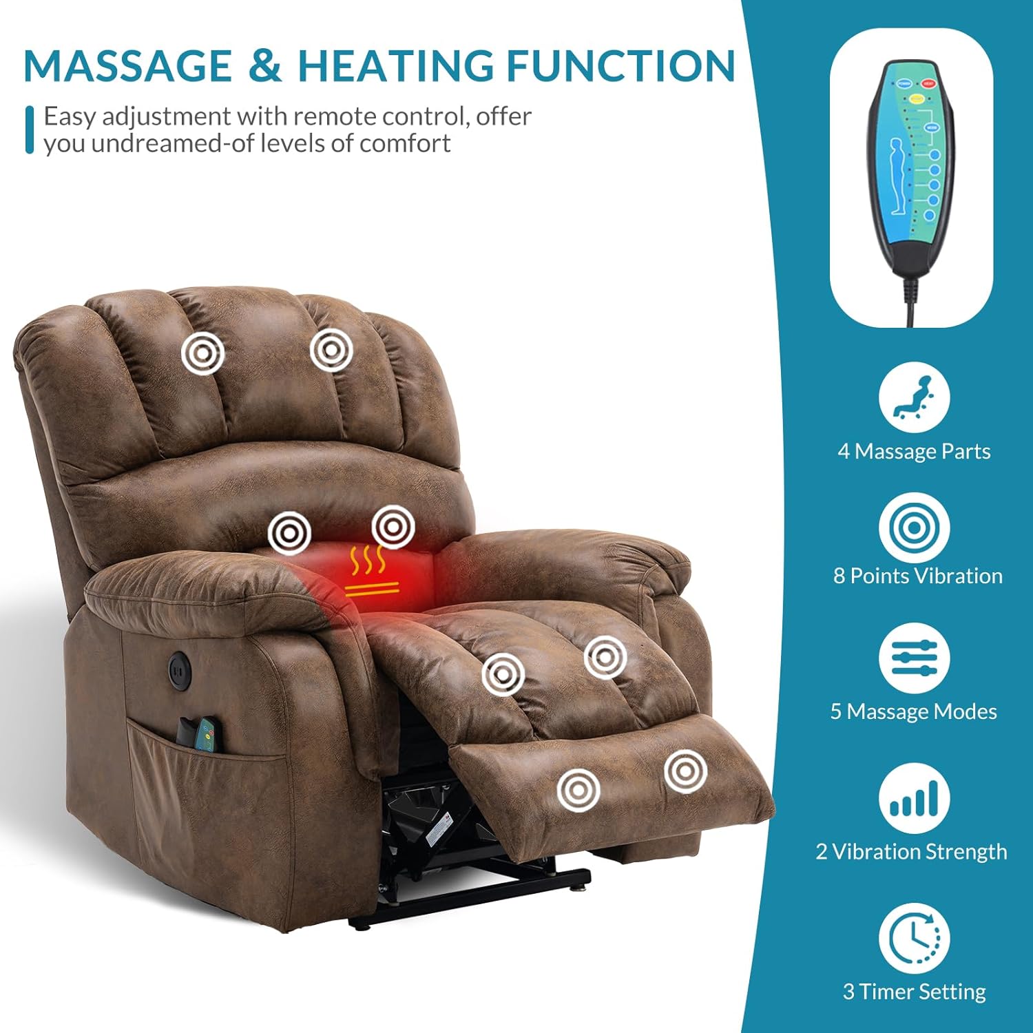Large Dual Motor Power Lift Recliner Chair Lay Flat Sleeper Chair with Heat and Massage, 2 Remote Controls, 2 USB Ports & 2 Side Pockets (Brown)