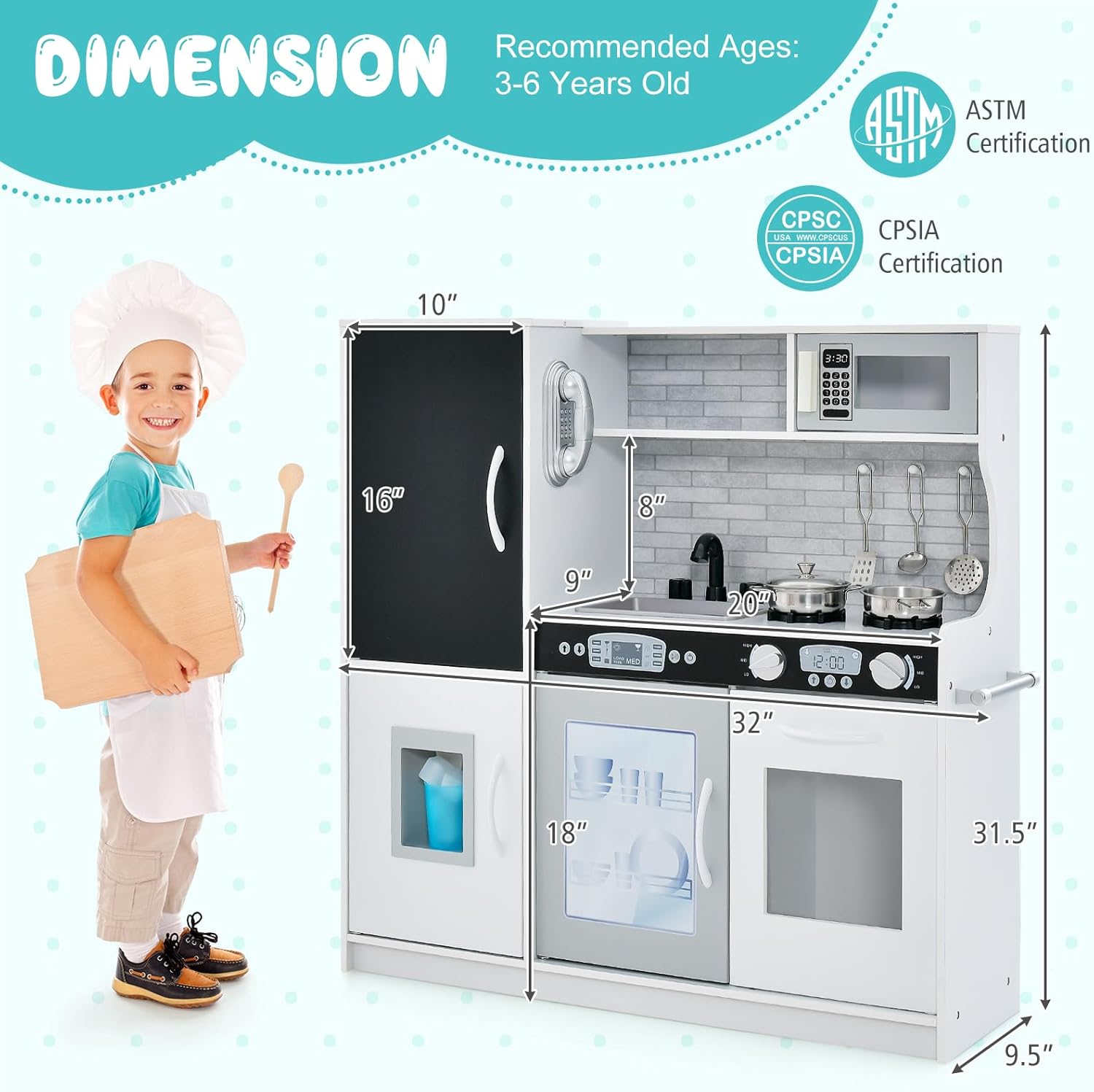 KOTEK Play Kitchen for Kids, Wooden Chef Pretend Toy Kitchen Set w/Oven, Chalkboard, Telephone, Ice Maker, Microwave, Dishwasher, Realistic Design Kids Kitchen Playset, Gift for Boys Girls 3+, White