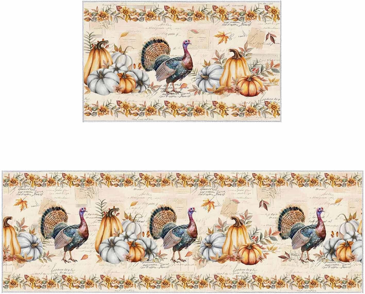 Prime Leader Thanksgiving Turkey Kitchen Mats Set of 2 Pumpkins Maple Leaf Sunflower Fall Rustic Vintage Text Non Slip Washable Absorbent Kitchen Rugs for Floor, 23.6"x35.4"+23.6"x70.9"