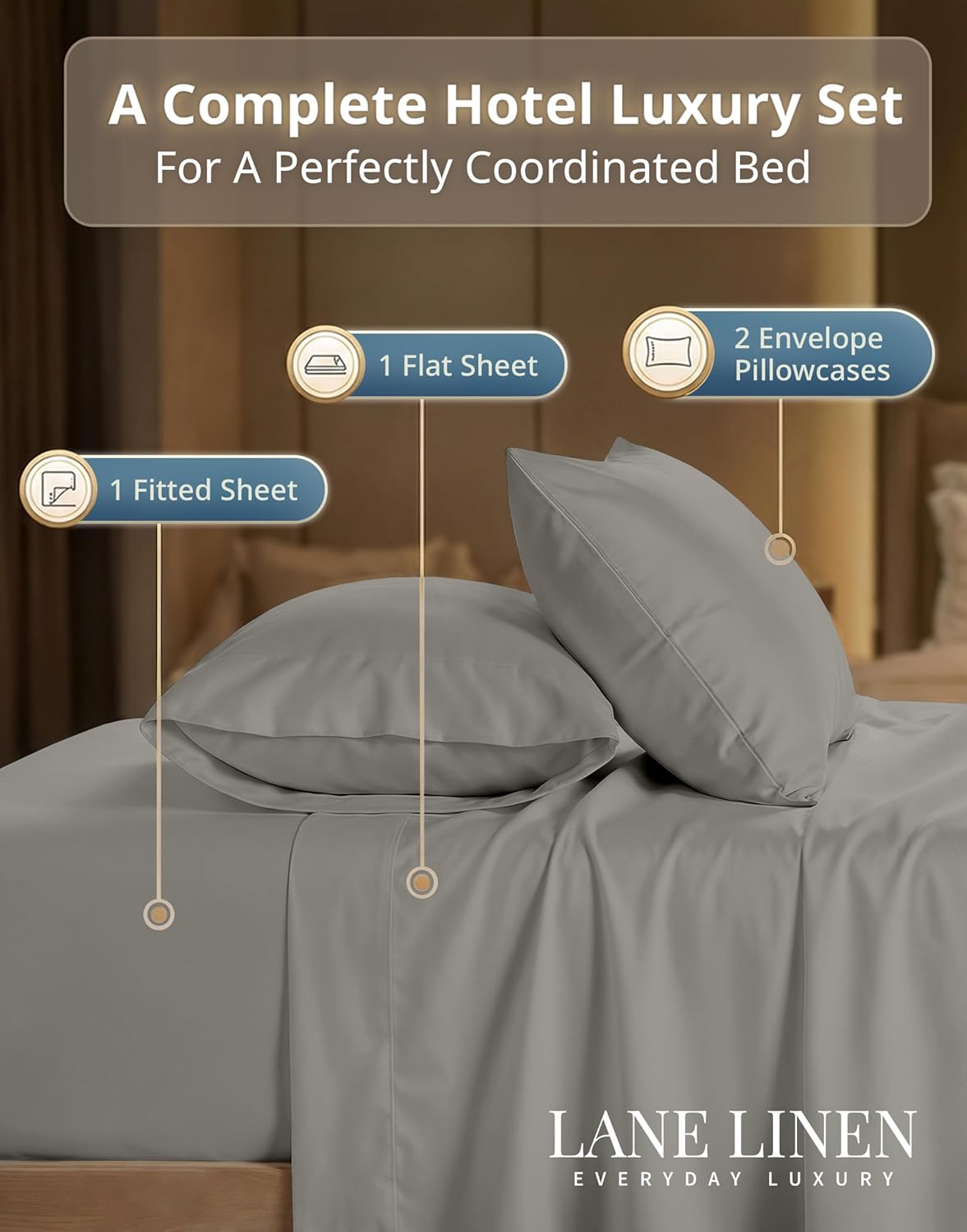 LANE LINEN Queen Size Sheet Set – 600 Thread Count Natural 100% Cotton Breathable Sheets, Durable Bedding for Daily Use, Fade Resistant, Snug Fit 15" Deep Pocket Fitted Sheet – Silver