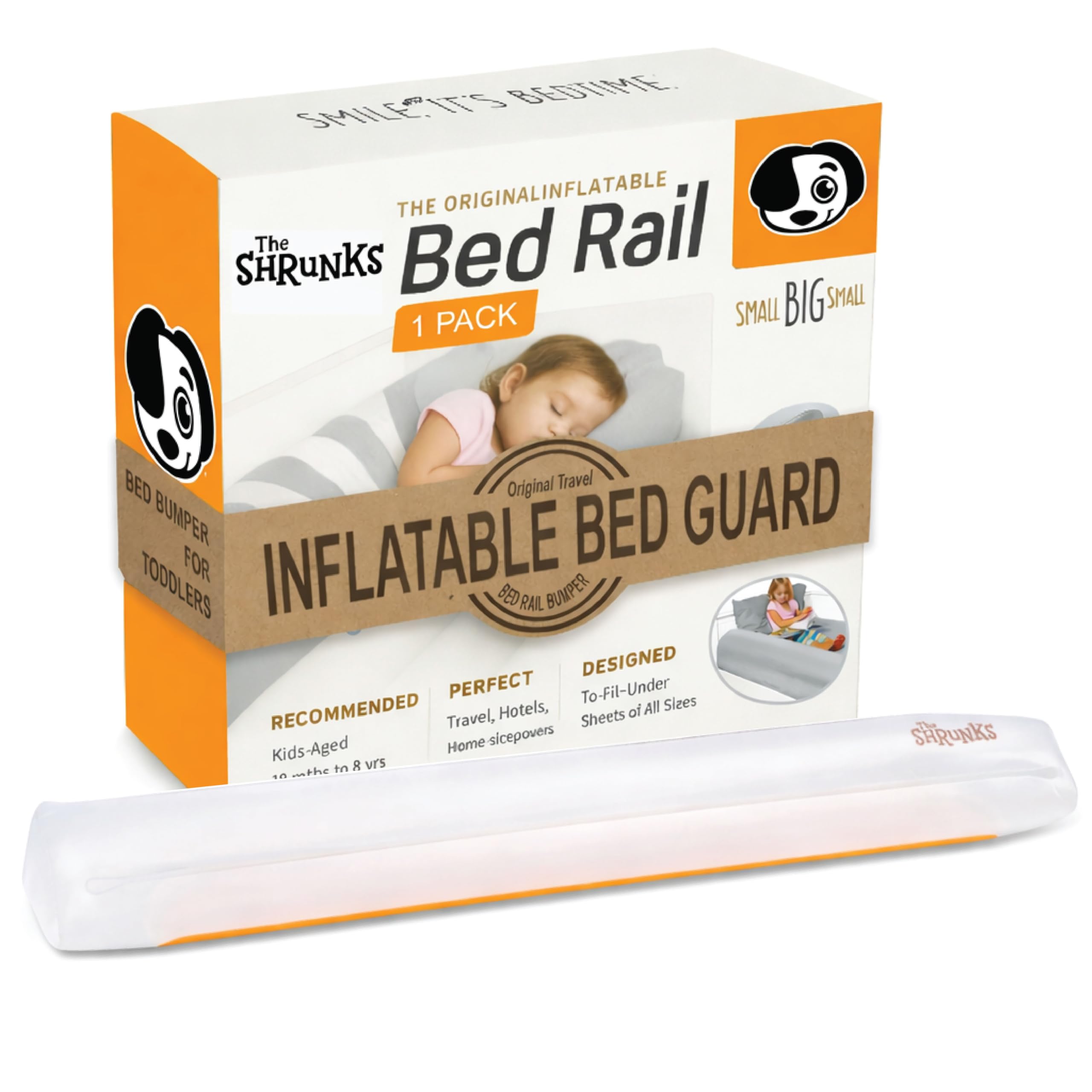 The Shrunks® aufblasbarer Bettrand - Rausfallschutz für Kinder ab 2 Jahren - Zu Hause oder auf Reisen, Weiß, Einzelpackung für eine Bettseite 122x18x5 cm