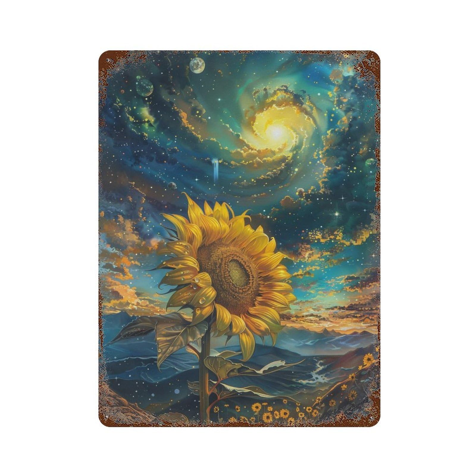 Galactic Sunflower Fantasy Rust Effect Tin Sign 15.7"x11.8", Rustic Home Decor for Garage, Pub Or Kitchen