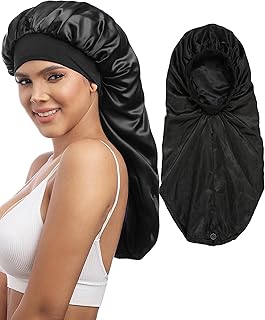 AWAYTR Long Satin Braids Bonnet for Women - 2 Layer Silk Bonnet for Braids Elastic Hair Sleeping Cap with Wide Band Nightcap (Black)