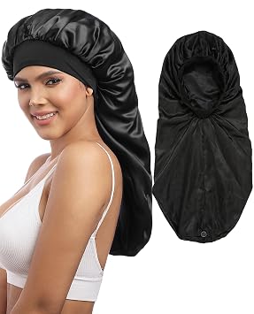 AWAYTR Long Satin Braids Bonnet for Women - 2 Layer Silk Bonnet for Braids Elastic Hair Sleeping Cap with Wide Band Nightcap Black