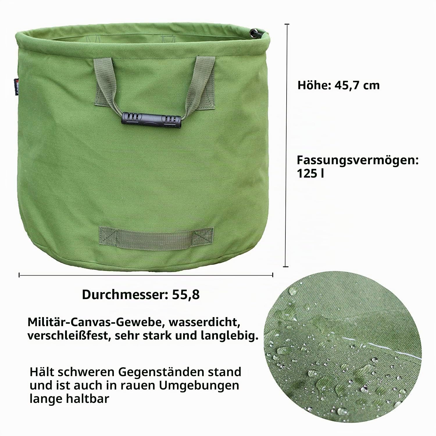 125L Gartenabfallsäcke für Schwere Aufgaben mit Griffen, Grüne Laubsack mit Militärischem Segeltuchgewebe (H45.7 cm, D55.8 cm)