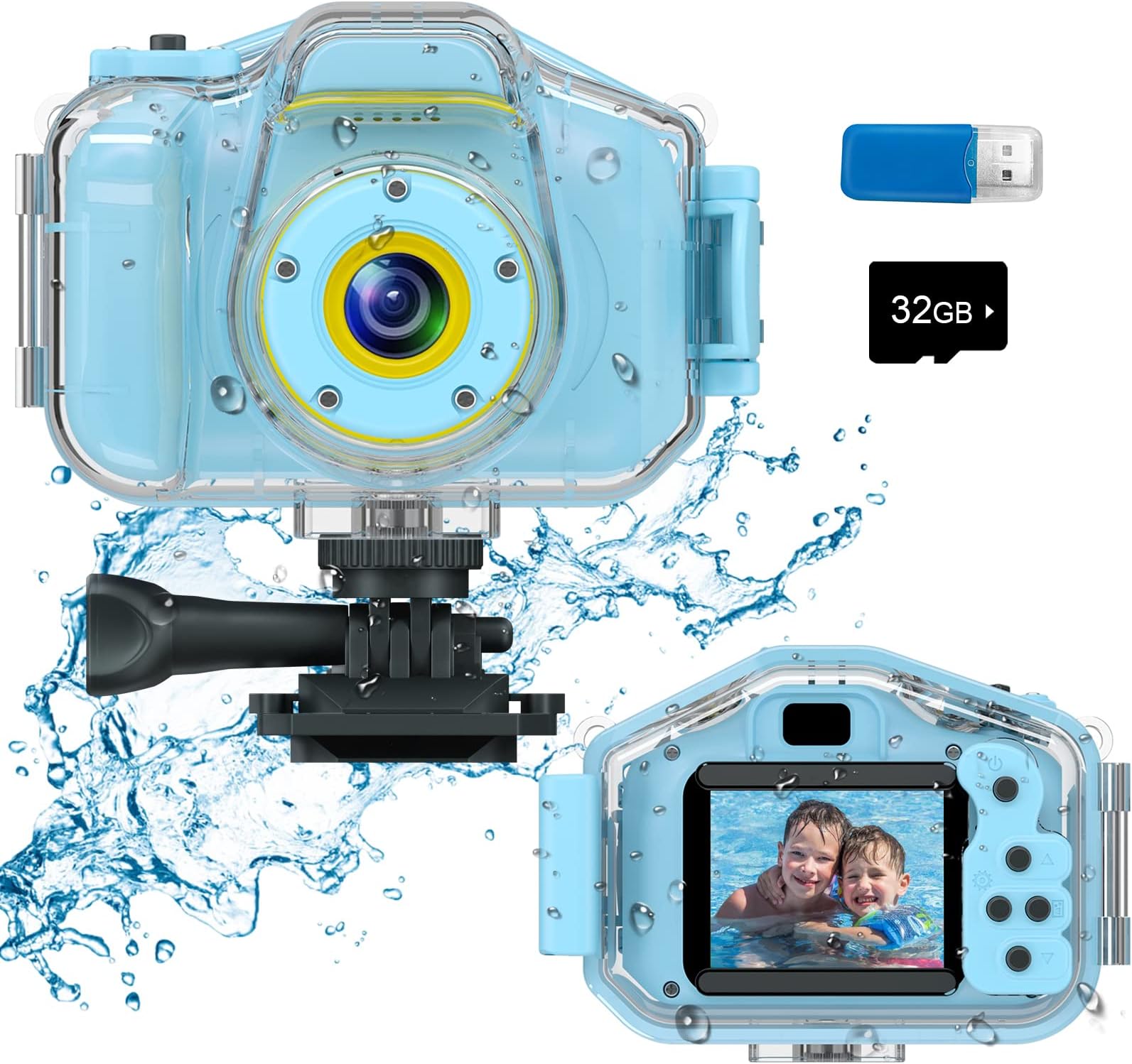 DEKER Kids Waterproof Camera for Boys, Christmas Birthday Gifts for Toys 3-12 Year Old, Mini Children Underwater Digital Action Camcorder (Light Blue)