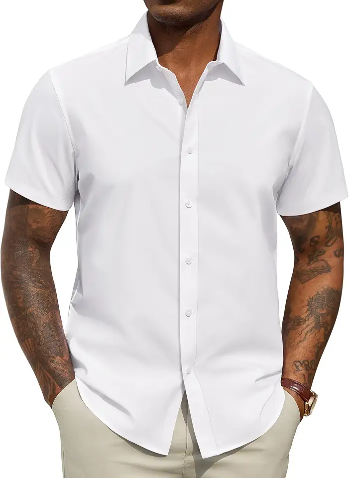 Men's Short Sleeve Dress Shirts Stretch Stain Shield Business Casual Button Down Shirts Solid Formal Wedding Tops