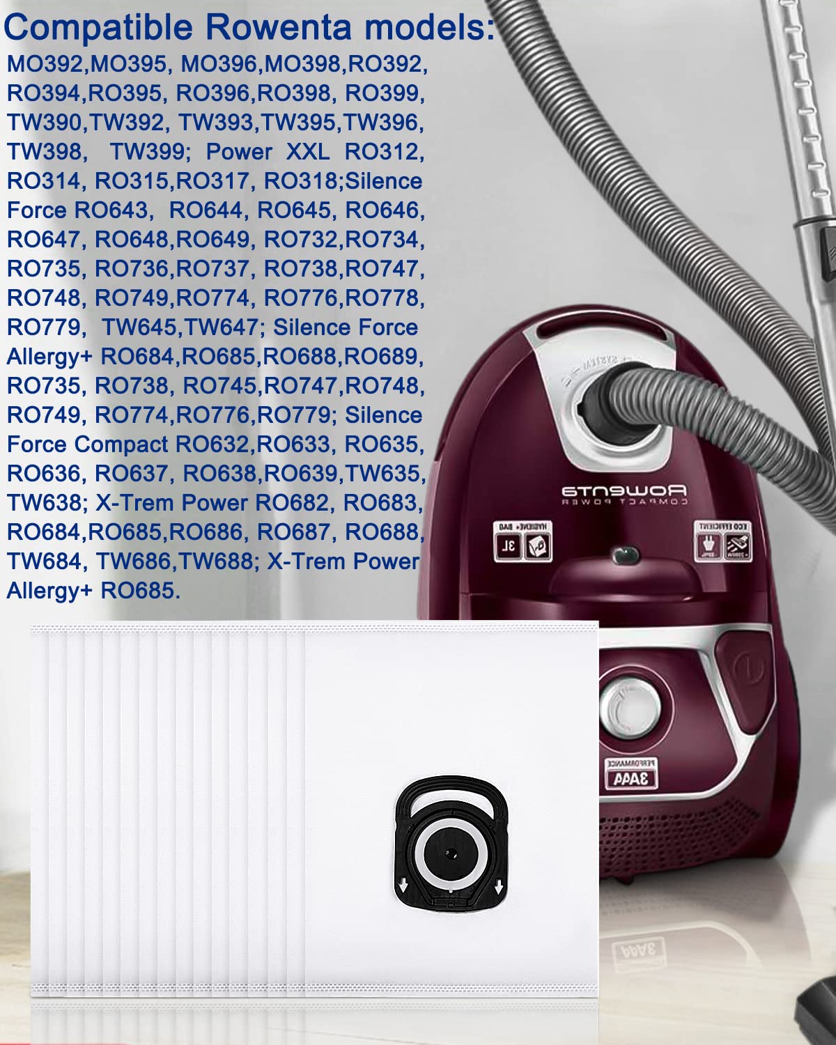 Bolsas De Polvo Para Aspiradora VACS (16 Unidades) - Compatible Con Rowenta Compact Power HOME And CAR RO3969EA, Con 4 Filtros De Motor Incluidos