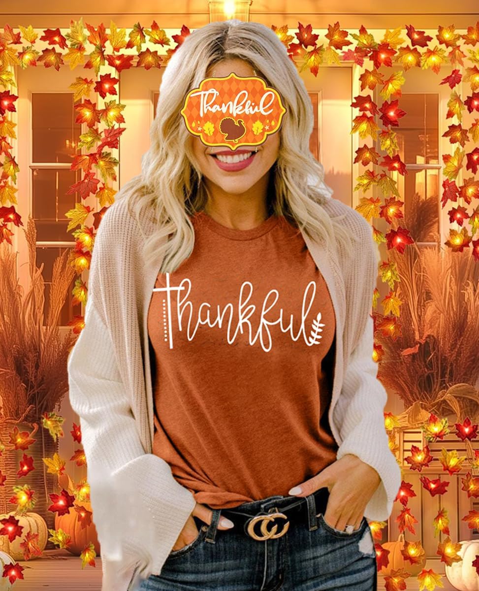 Thanksgiving Shirts for Women Thankful Graphic Casual Short Sleeve Tops - Image 3