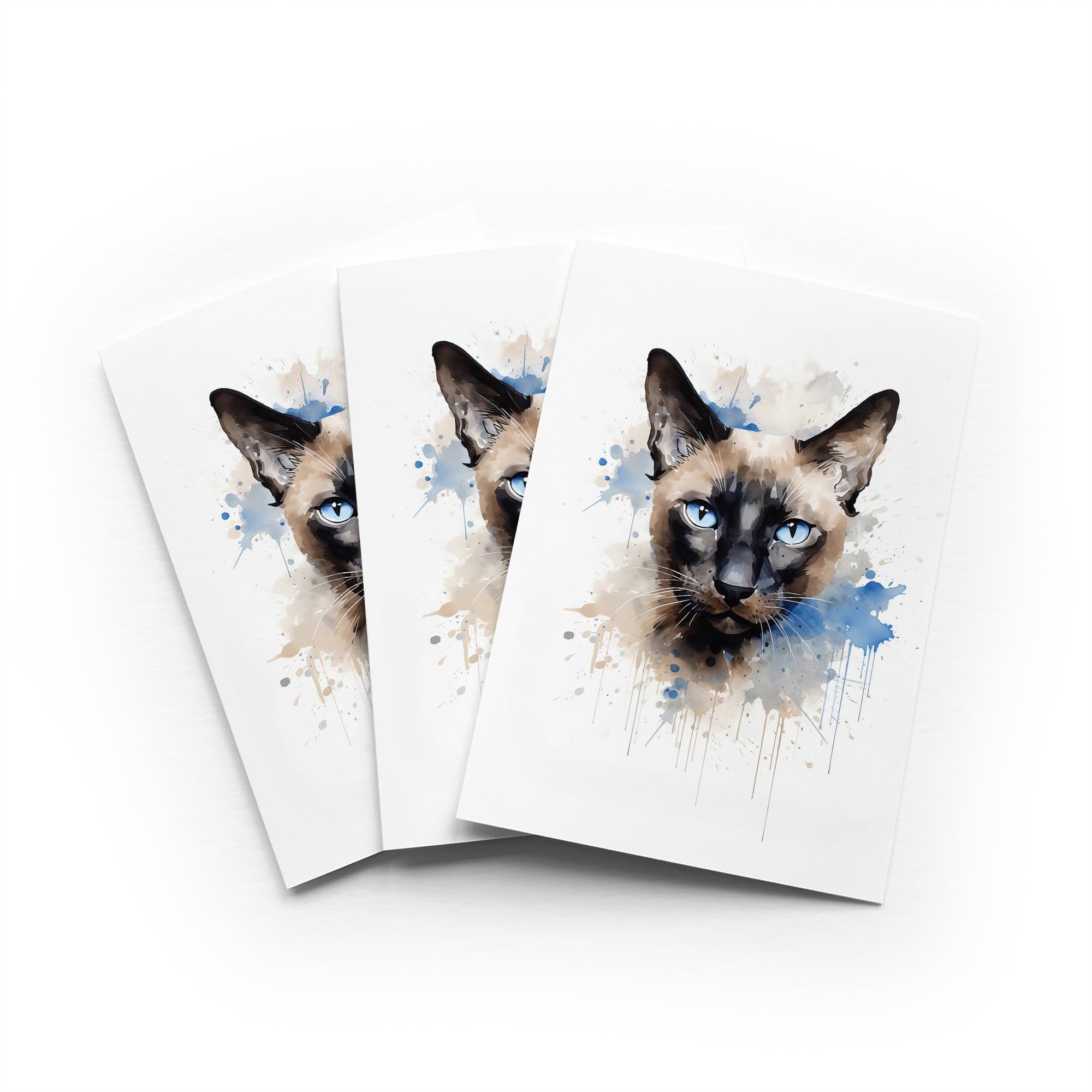 Siamese Cat Watercolour Greeting Card Pet Portrait Any Occasion Set of 3 Blank Inside 5x7 Inch 13x18 cm