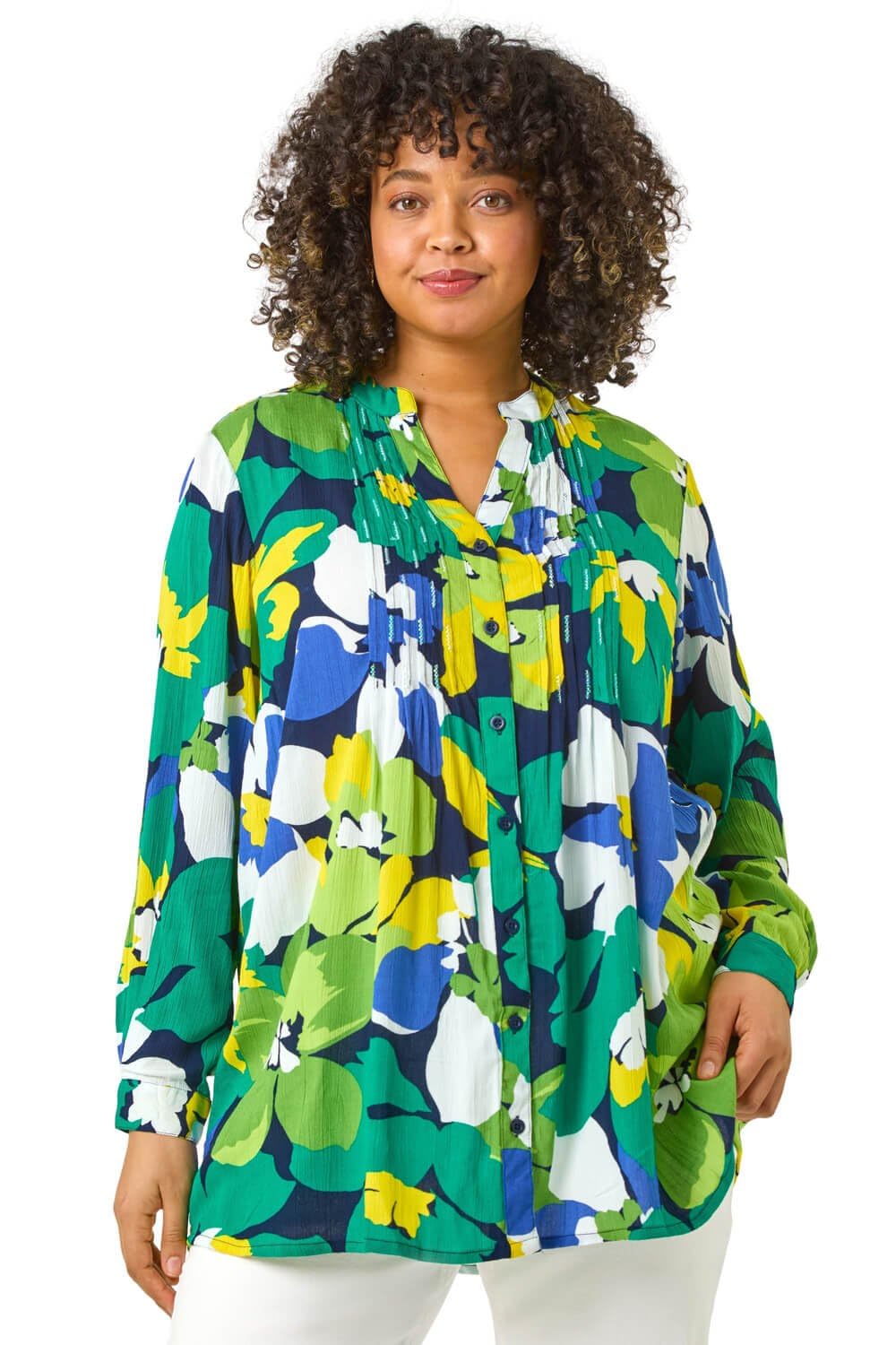 Roman Originals Women's Lime Multi Pintuck Shirt For Jersey Blouse Collarless Top Flare Crinkle Notch Neck Tunic 3/4 Length Sleeve Longline Smart Casual Party Going Out - Size 18