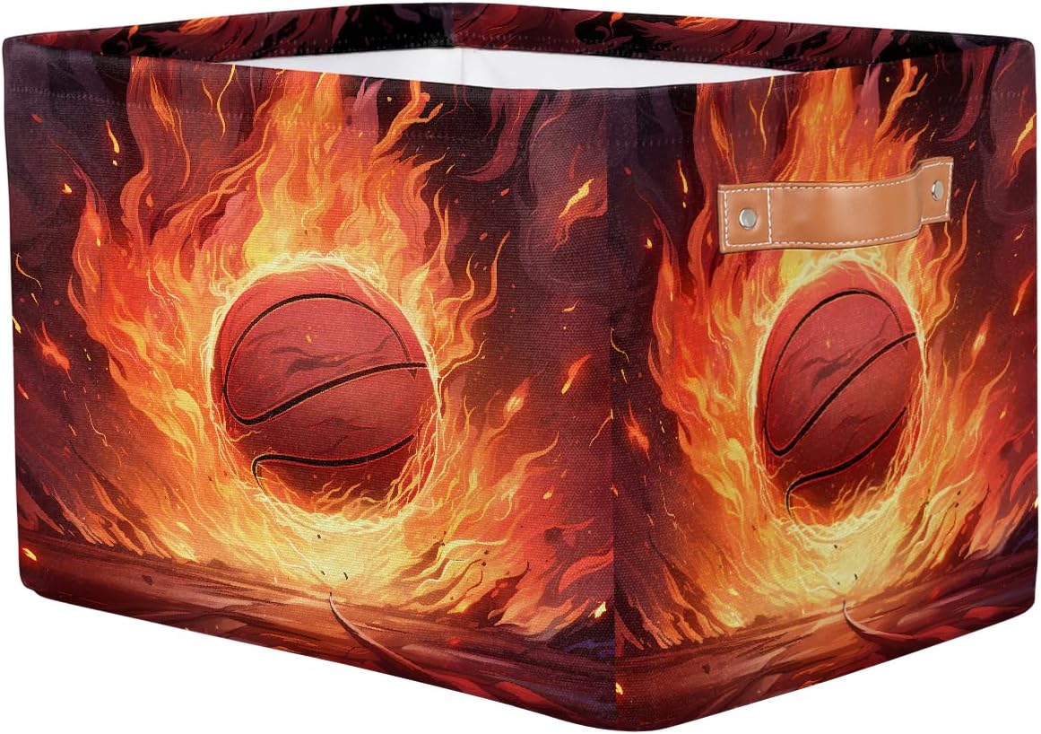 Small Storage Basket With Handles Kids Toy Fire Basketball Sports Storage Bins Collapsible Fabric Cube Storage Organizer Hamper for Nursery Living Room Bedroom Shelves Clothes Toy Box Gifts