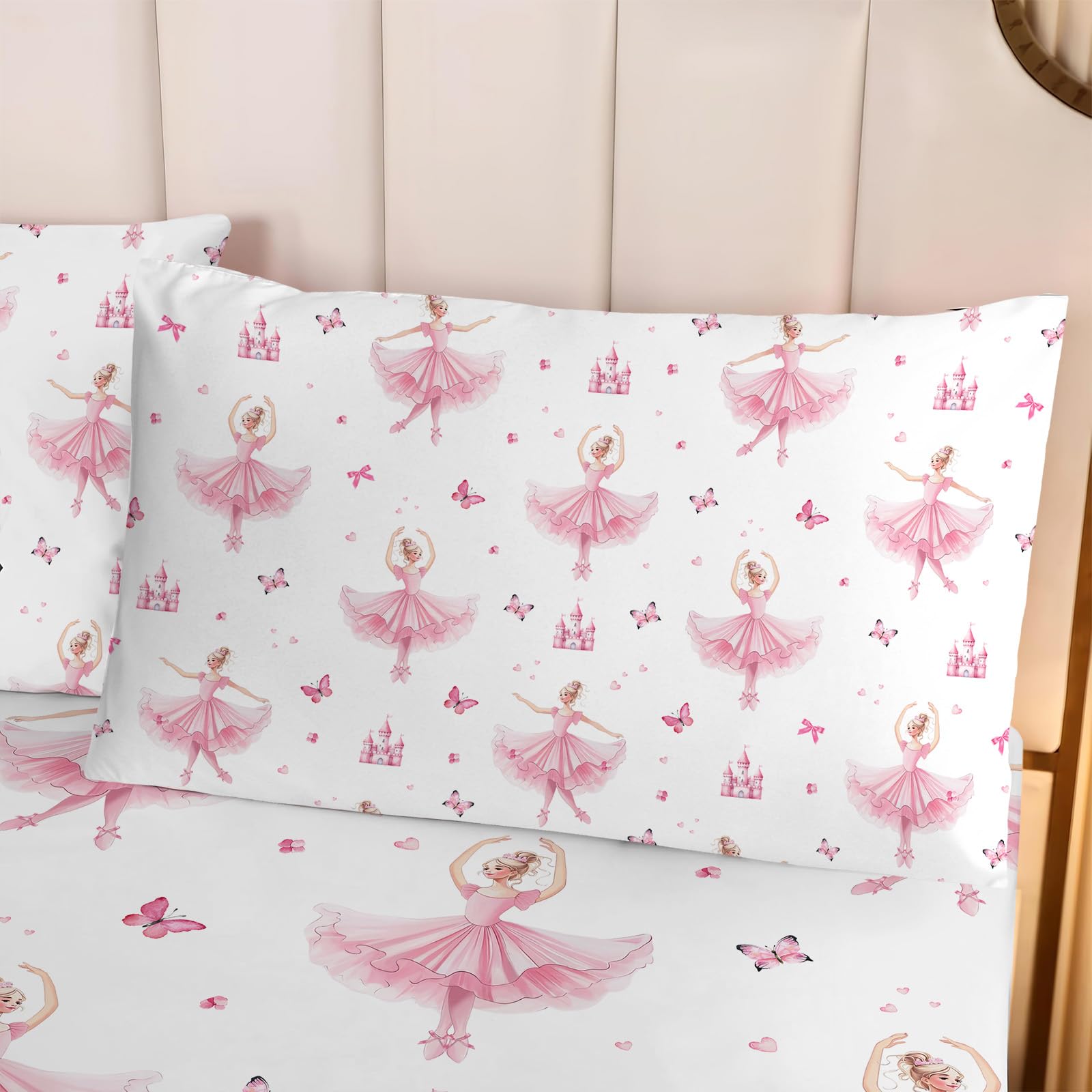 NiuOne Kids Queen Sheets 4Pcs Princess Sheets Cute Queen Sheet for Girls Ballet Dancer Bedding Pink Girls Decoration Bedroom Bedding
