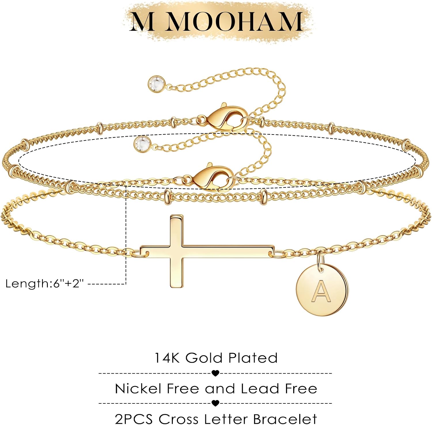 M MOOHAM Initial Cross Bracelets for Women Teen Girls - 14K-Gold-Plated Dainty Layered Disc Letter Cross Bracelet Jewelry Baptism Christian Gifts for Women Confirmation Gifts for Teen Girls