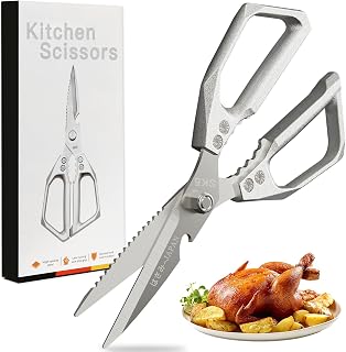 Kitchen Scissors, Stainless Steel Multi-function Kitchen Scissors, Japanese Cooking Scissor Heavy Duty Poultry Shears for Bones, Meat, Chicken, Fish, Turkey, Vegetables, Dishwasher Safe (SILVER)