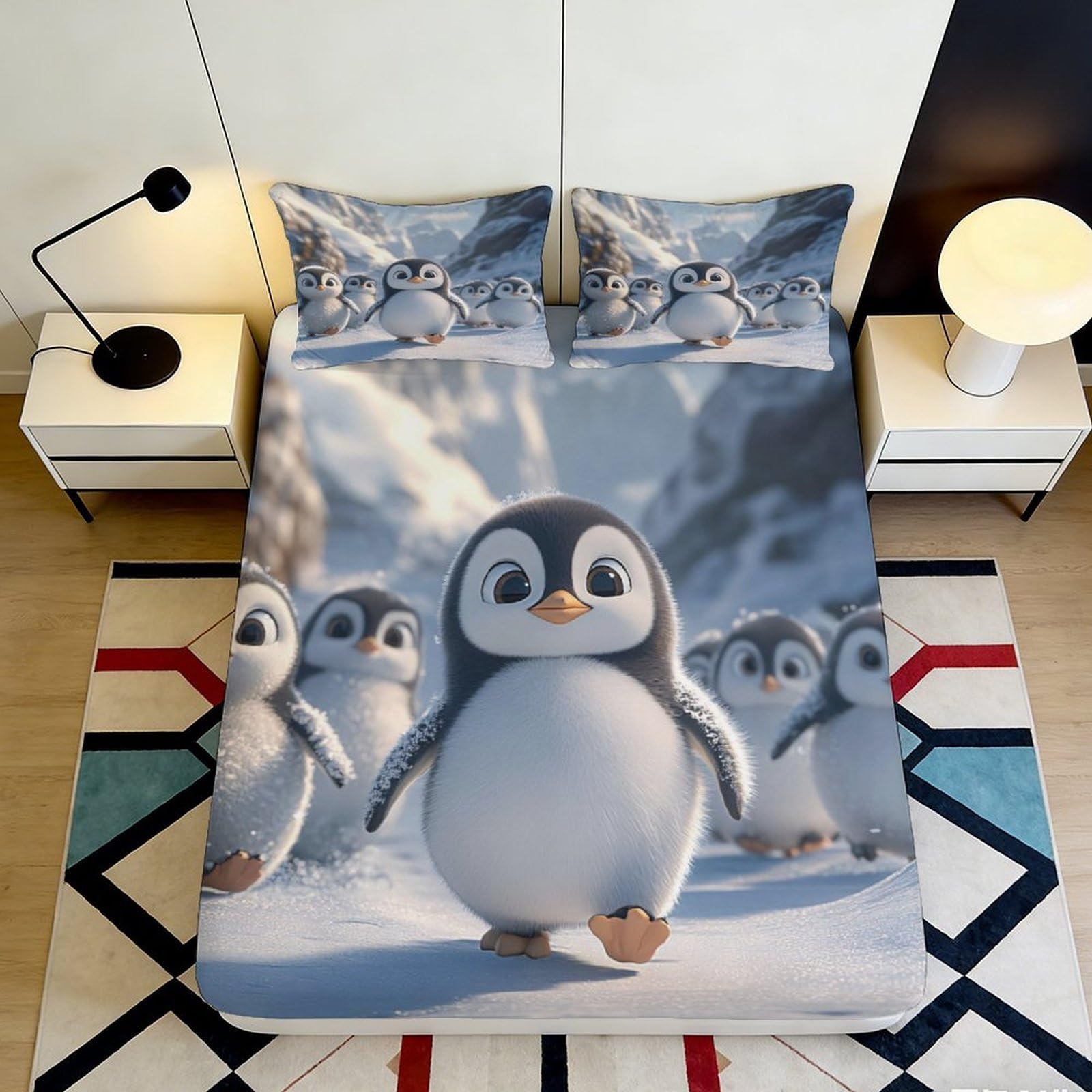 3D Printed Cute Penguin Fitted Sheet Microfiber Anti-Slip Cartoon Winter Scene Mattress Cover for Bedroom Guest Room 90x200x25cm