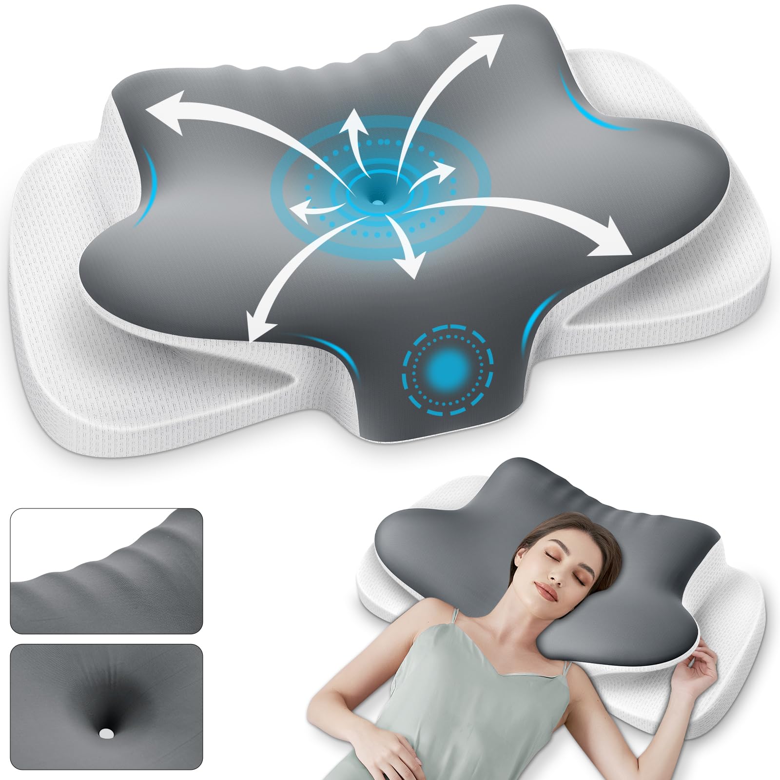 Ehomfory Oreiller Ergonomique Cervical 2 en 1 Oreiller Memoire Forme pour la Nuque, Coussin pour Dormir sur Le côté, Le Dos et Le Ventre, 65x37x10/12cm, Gris