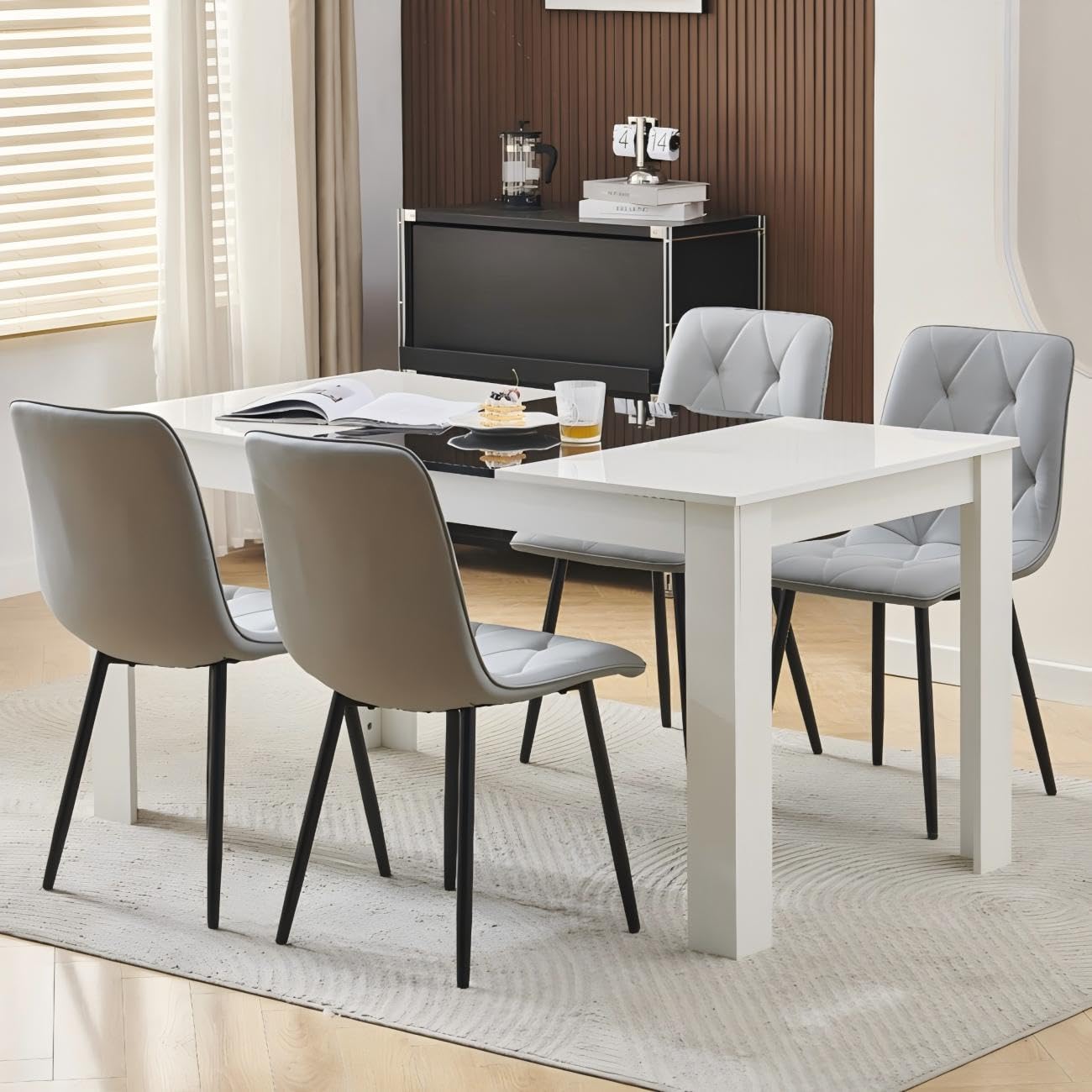 Homullel 150 cm Dining Table and 4 Chairs, 4 Seater Table and Chairs Set, Kitchen Dining Room Set for 4, Compact, Space Saving (Pu Diamond Grey #5, 150cm, 4 Seats)