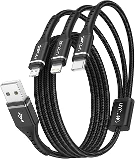 3 in 1 Charger Cable, Multi Charging Cords Universal Charger 4 FT, 2 Pack | Phone Charger with Lightning, Type C, Micro USB Ports, USB Cables for iPhone, Samsung, Google Cell Phones, Multiple Devices