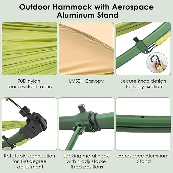 Portable Double Hammock with Quick-Fold Stand Adjustable Sunshade Storage