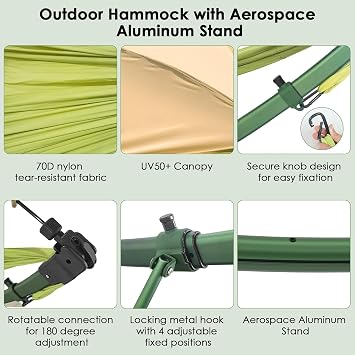 Portable Double Hammock with Quick-Fold Stand Adjustable Sunshade Storage