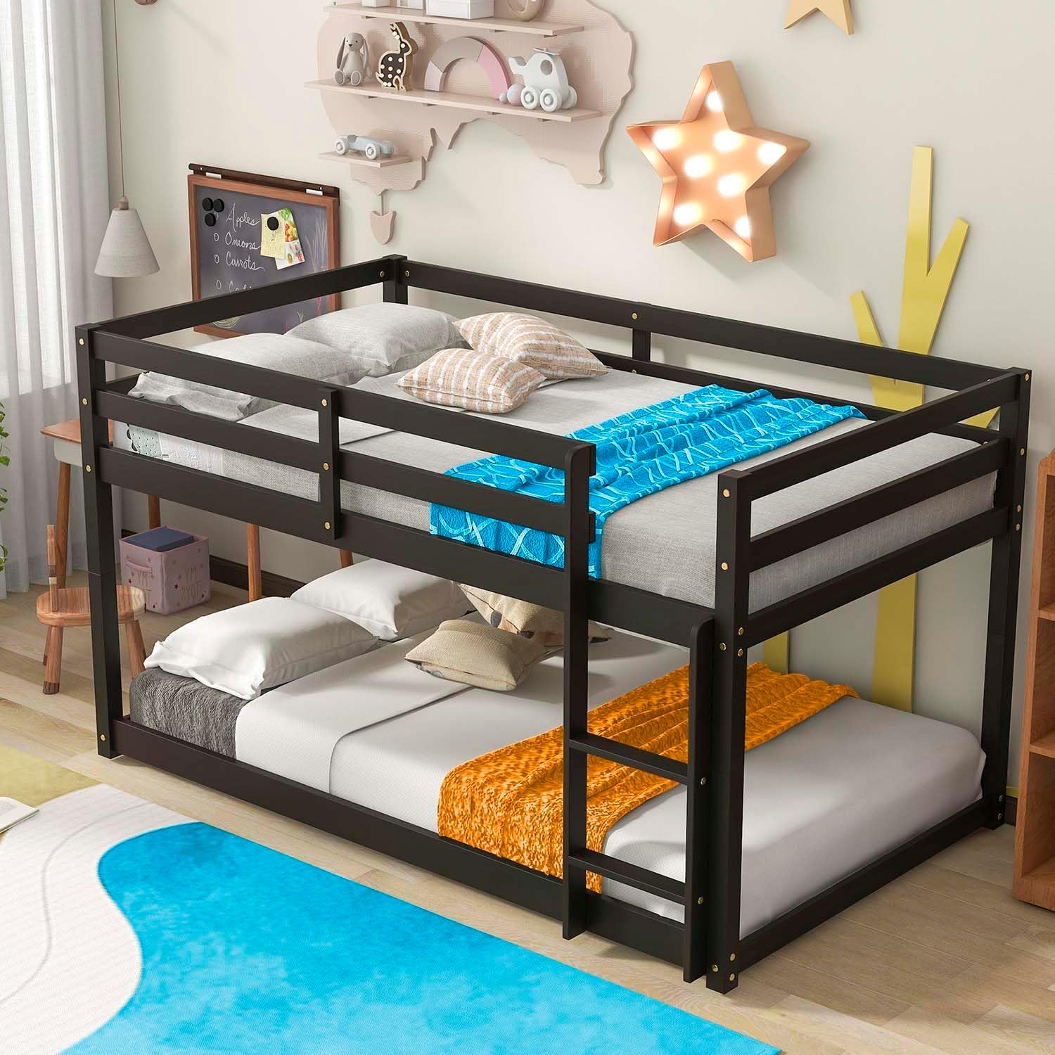 Anwick Twin Over Twin Low Bunk Bed with Stairs and Rails, Wooden Bunk Beds Frame with Safety Guardrail and Slats for Toddlers, Kids, Teens, Boys, Girls, Noise-Free (Espresso, Bunk)