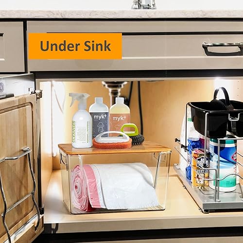 Miniatura 6 de Hudgan Soporte para bolsas de basura extra grande, dispensador de bolsas de basura de acrílico con tapa y asas de bambú