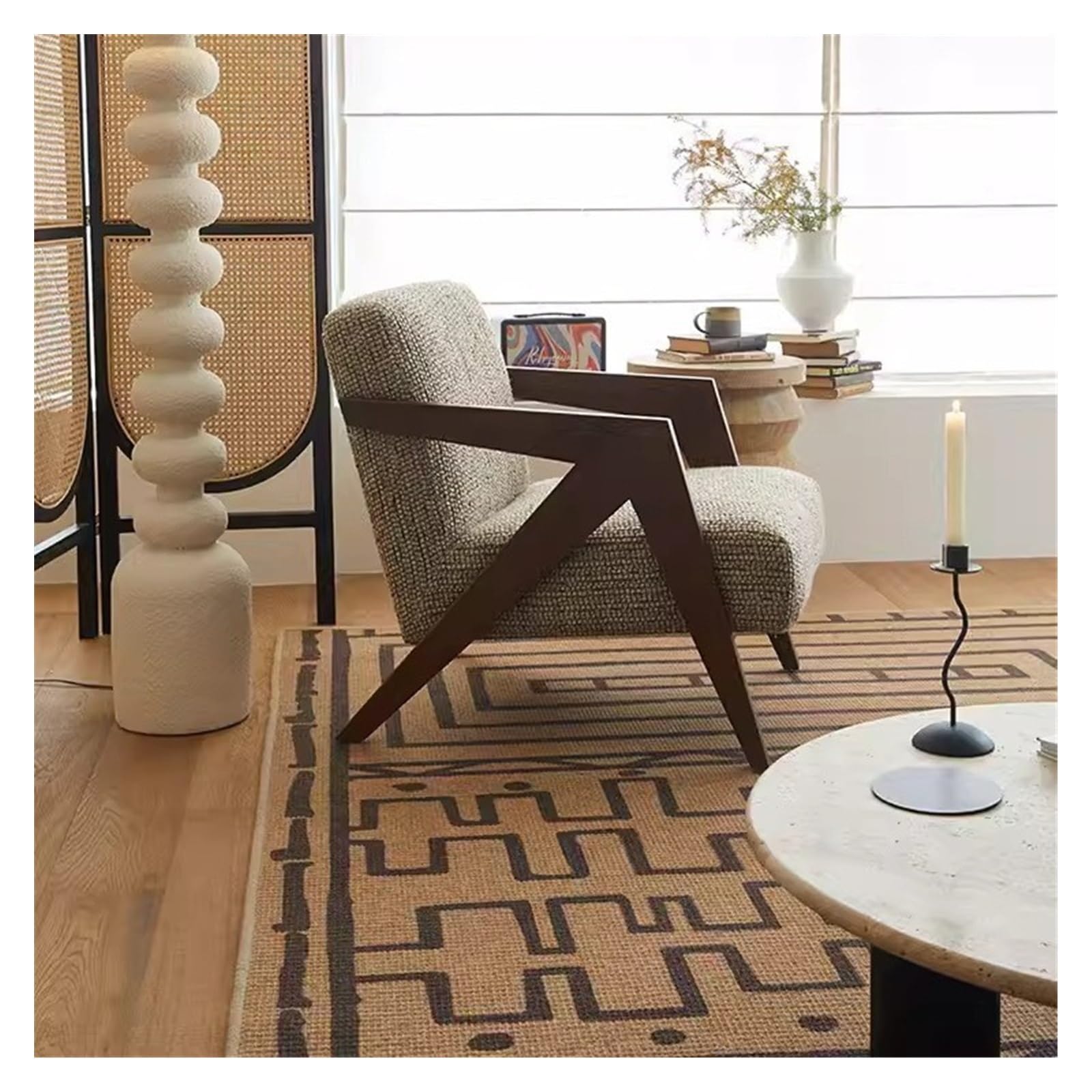 Poltrona moderna in legno massello, stile retrò, imbottita, per soggiorno, studio, balcone e esterni, per il tempo libero, in tessuto di cotone e lino, divano singolo