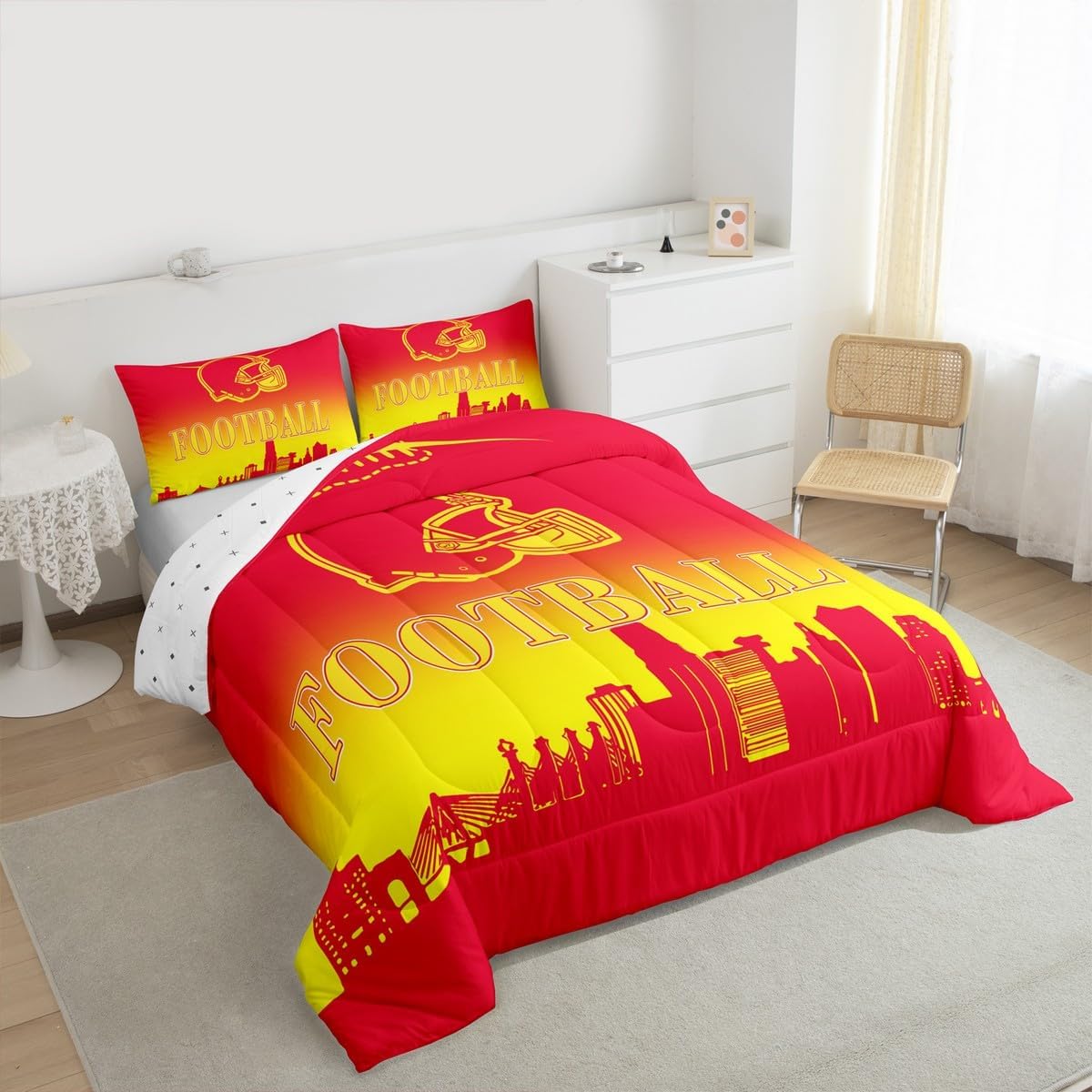 Feelyou Football Bedding Set Boys Girls Full Size Women Men Football City Comforter Rugby Sports Duvet Quilt Red Yellow Room Decor